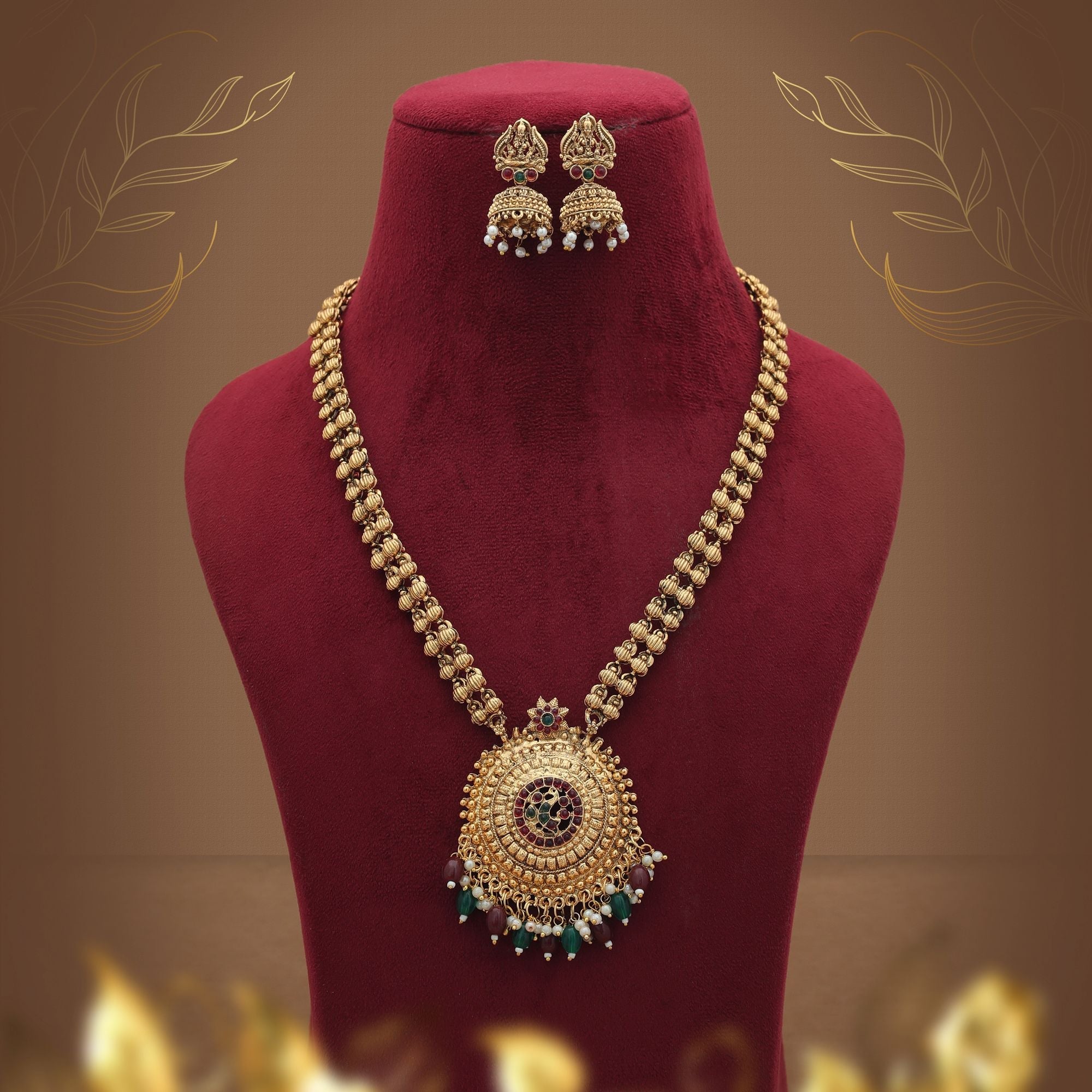 Maroon & Green Long Temple Necklace Set