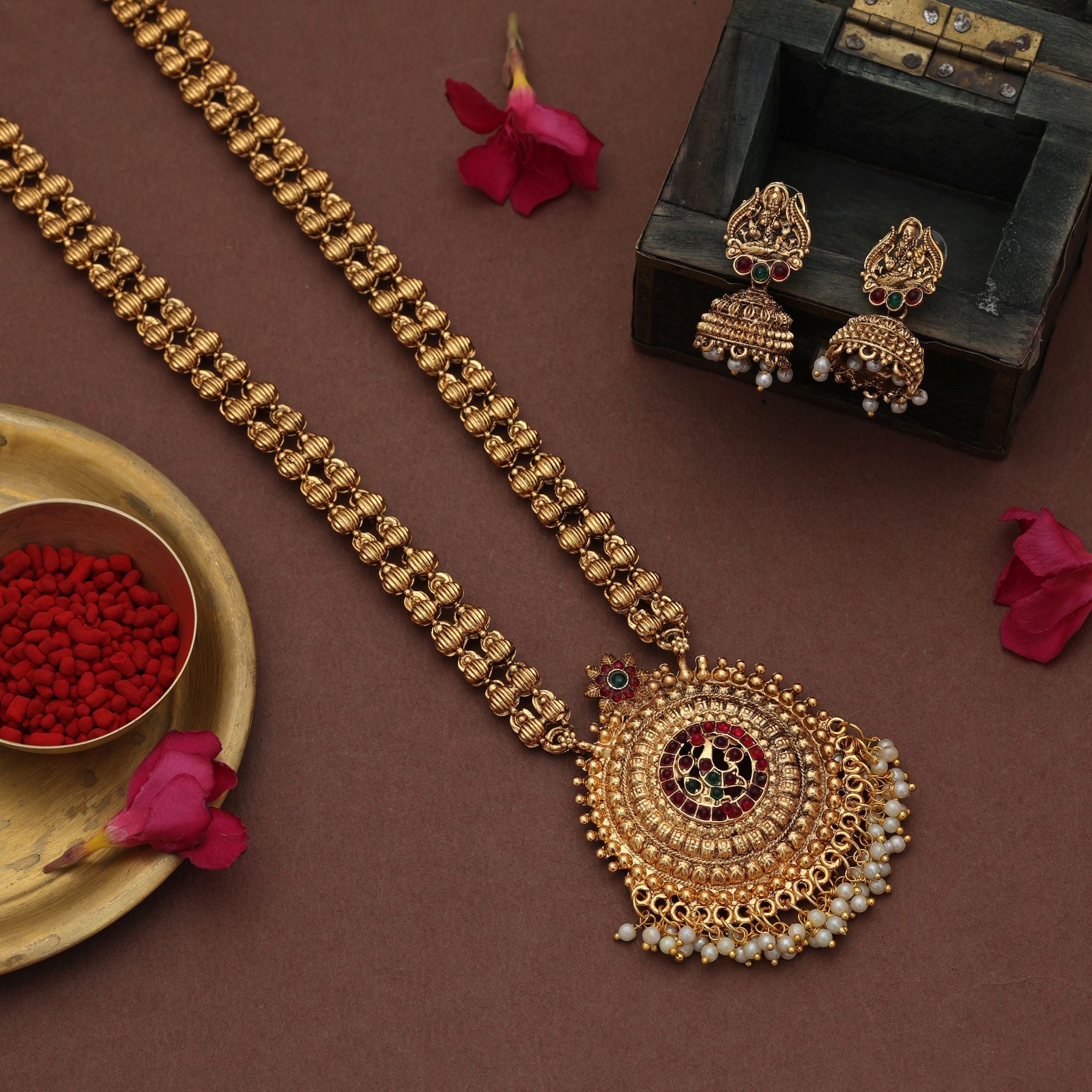 Designer Maroon & Green Long Temple Necklace Set
