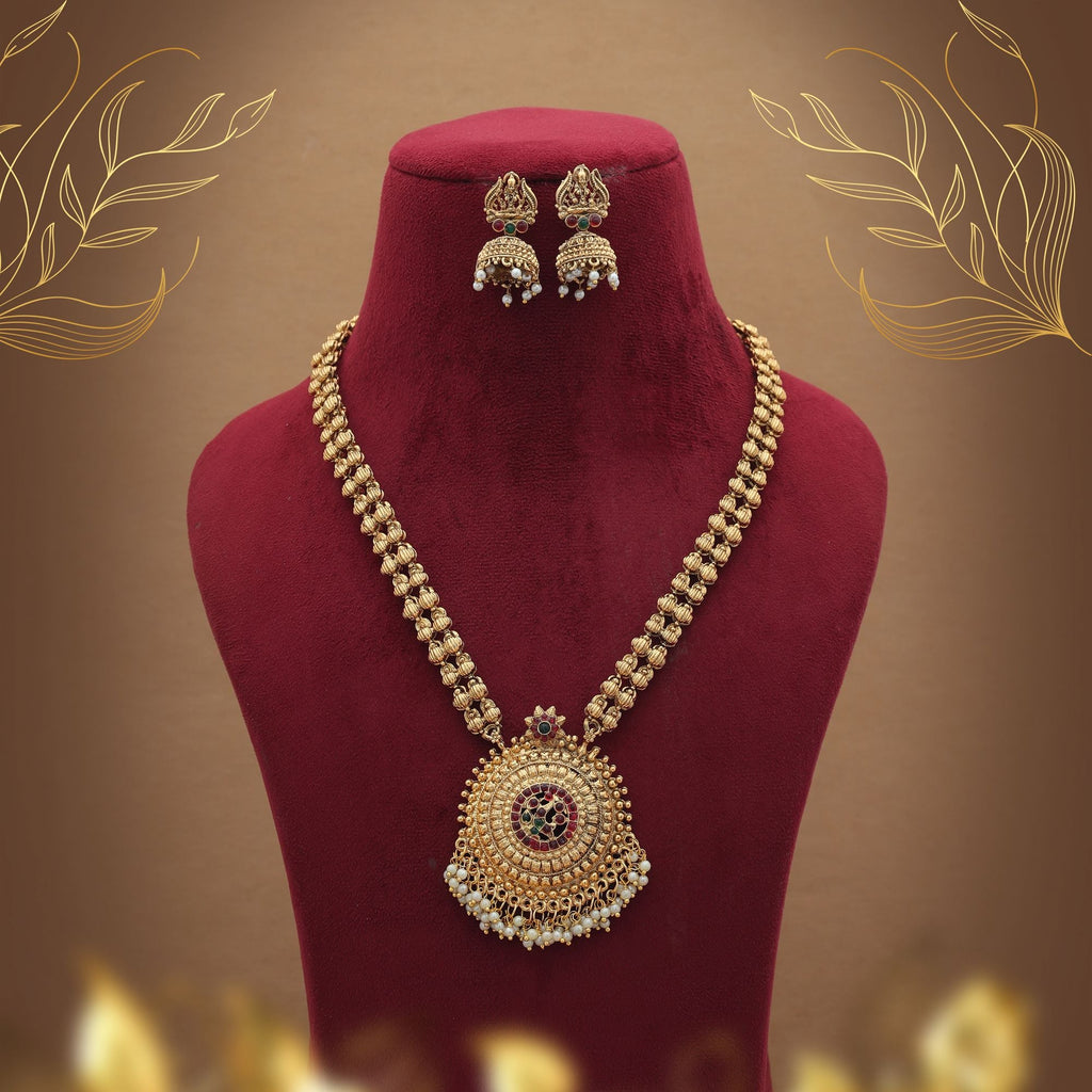 Designer Maroon & Green Long Temple Necklace Set