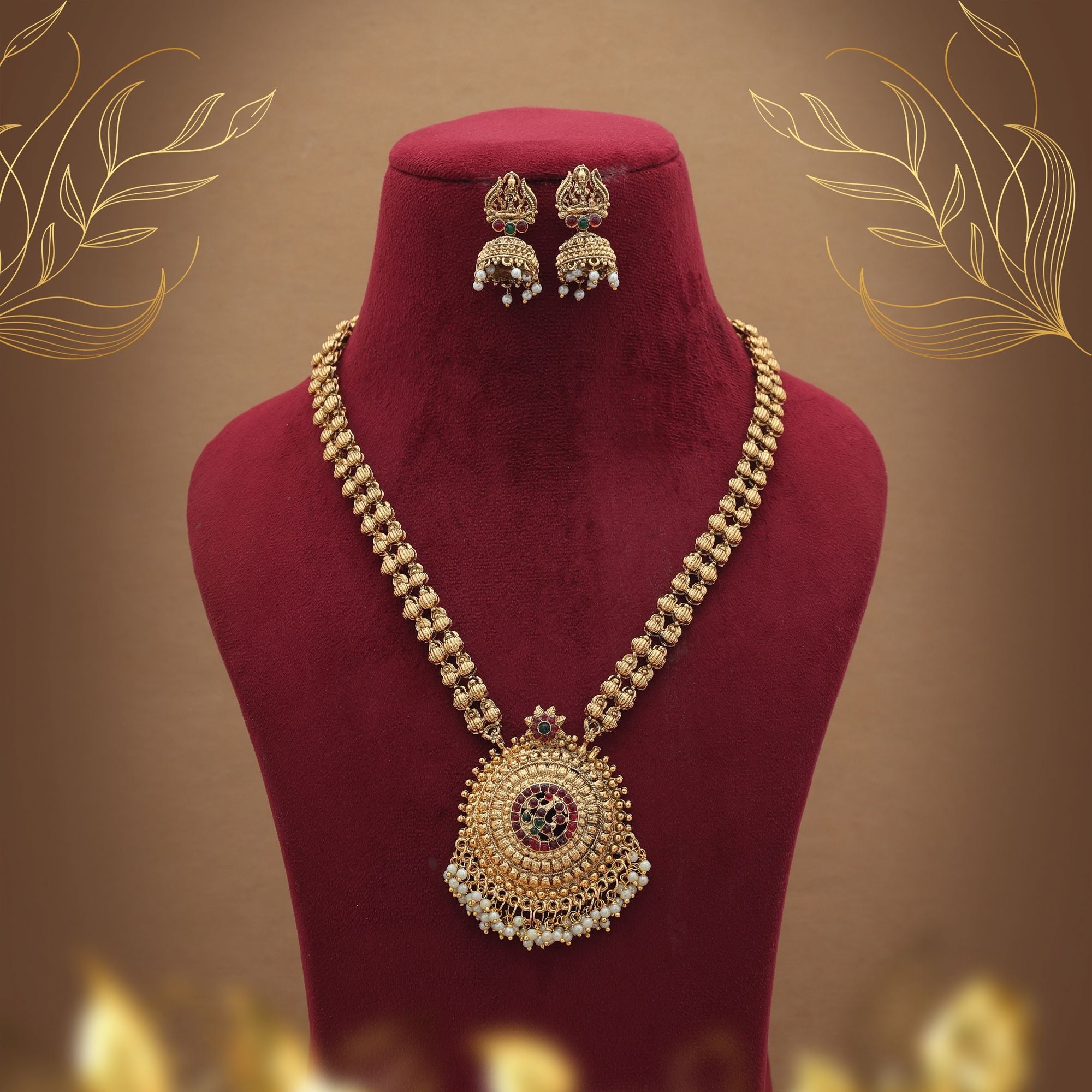 Designer Maroon & Green Long Temple Necklace Set