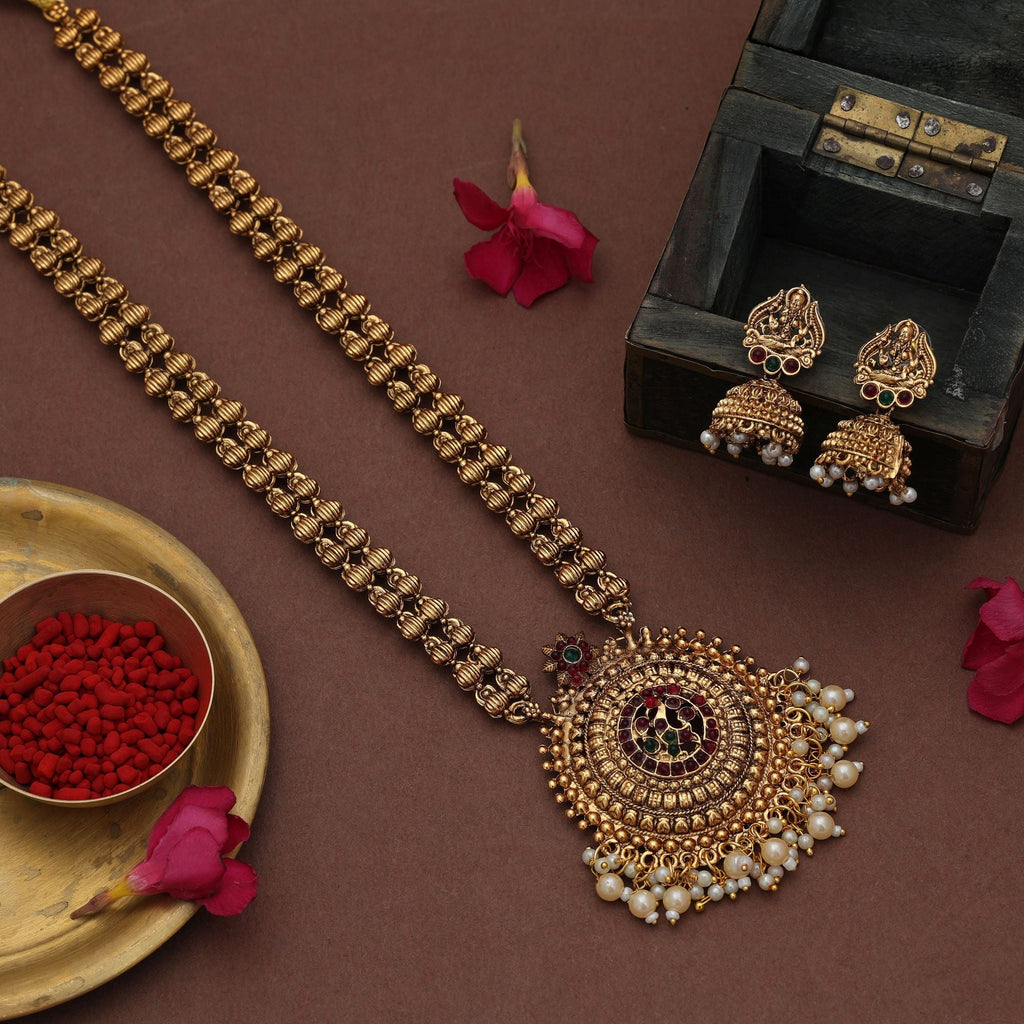 Graceful Maroon & Green Long Temple Necklace Set