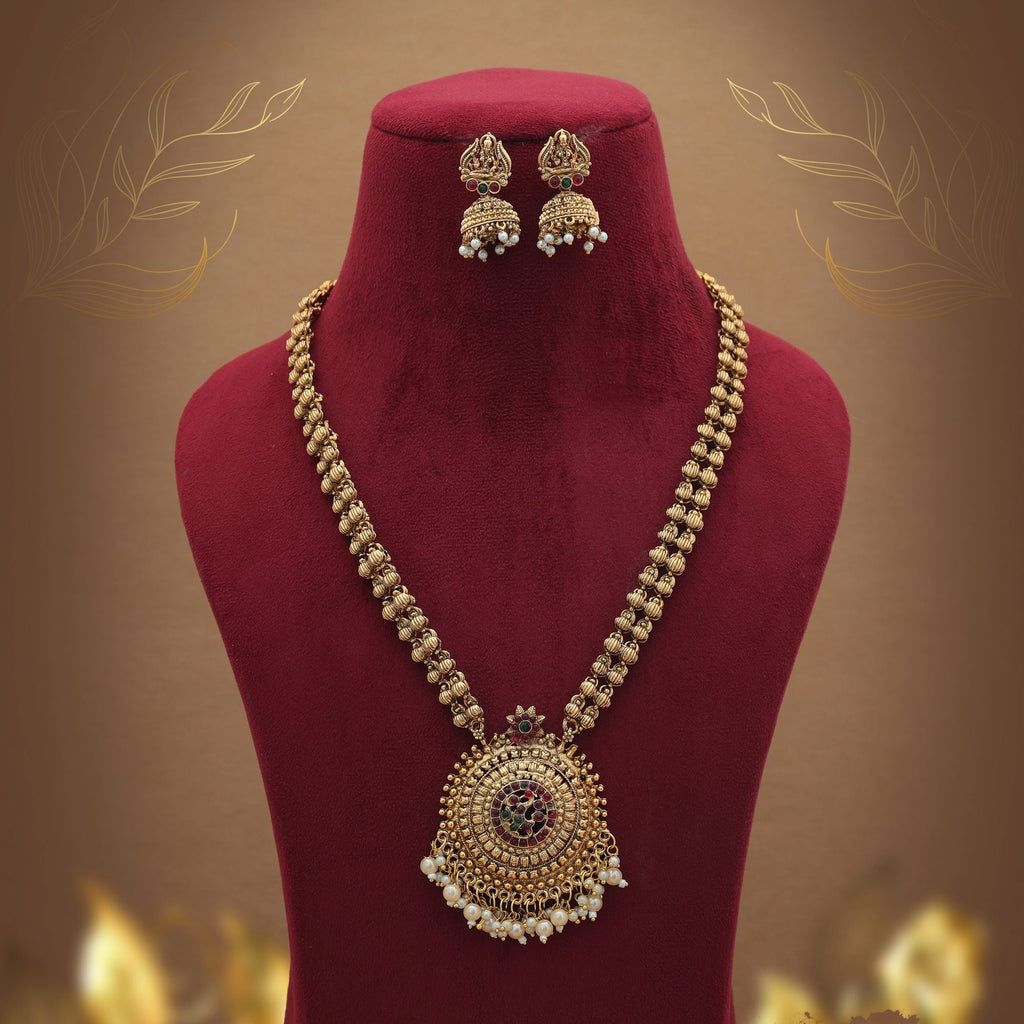 Graceful Maroon & Green Long Temple Necklace Set