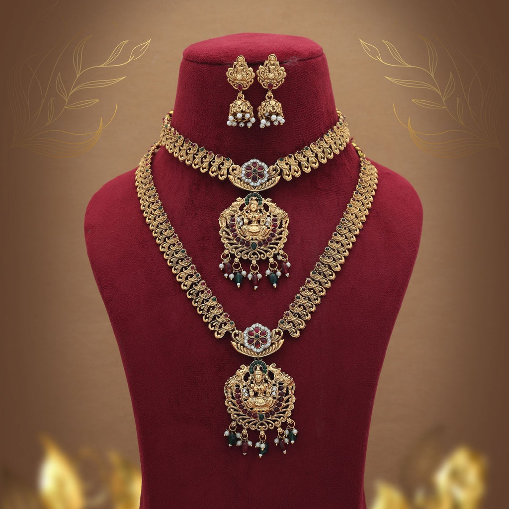 Maroon & Green Lord Laxmi Long Temple Necklace Set