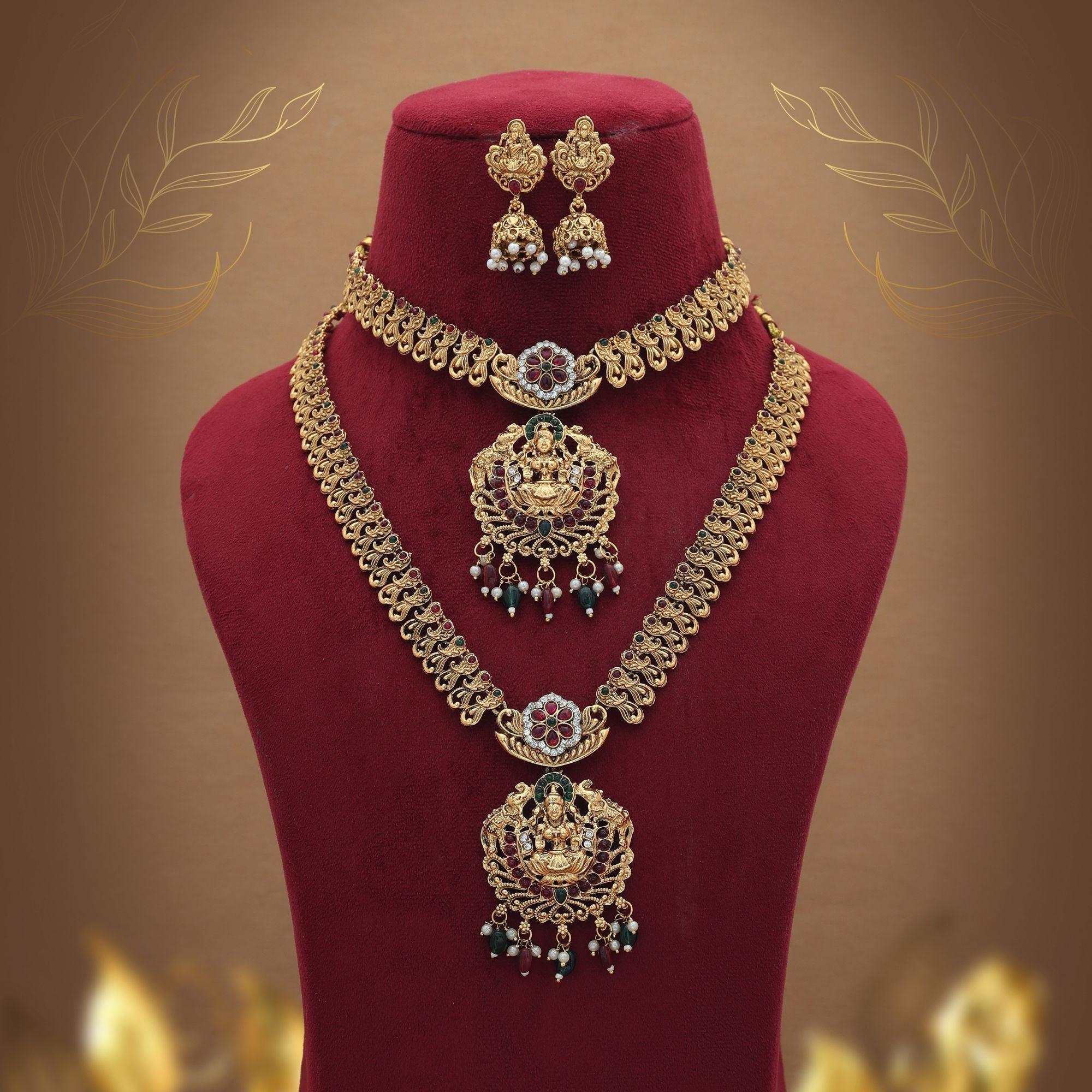 Maroon & Green Lord Laxmi Long Temple Necklace Set