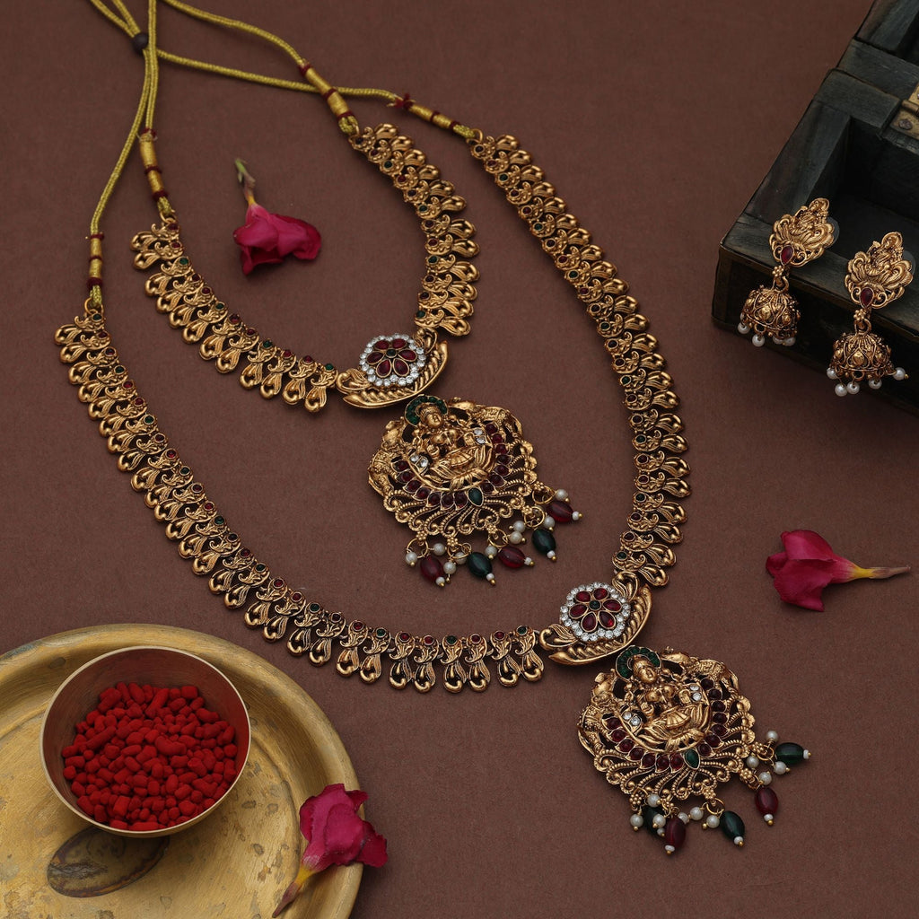 Maroon & Green Lord Laxmi Long Temple Necklace Set