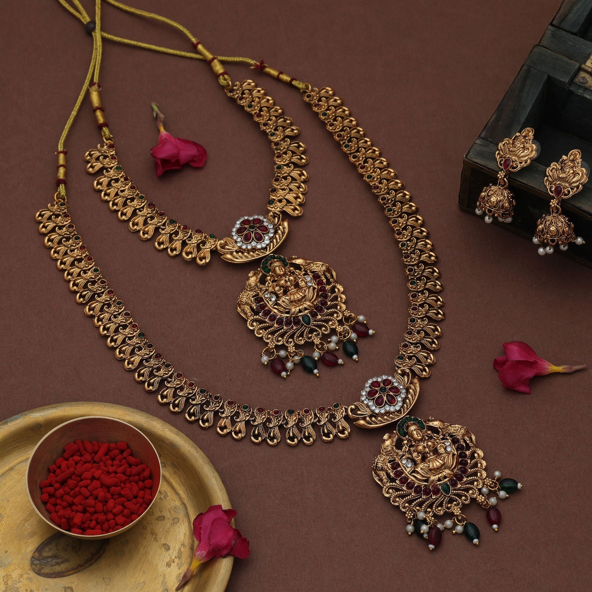 Maroon & Green Lord Laxmi Long Temple Necklace Set