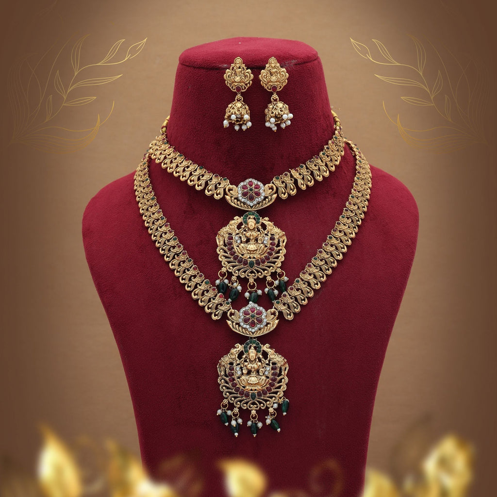 Classic Maroon & Green Long Temple Necklace Set