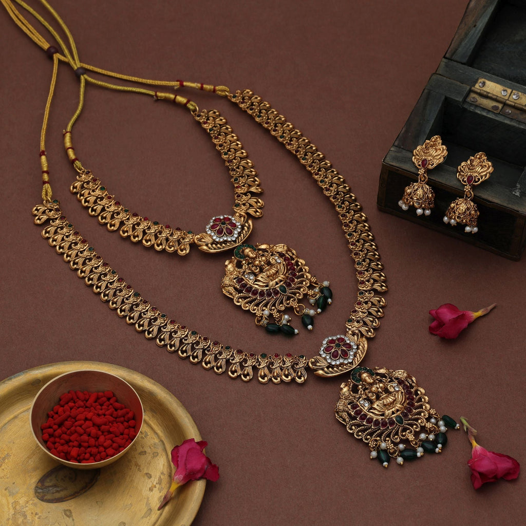 Classic Maroon & Green Long Temple Necklace Set