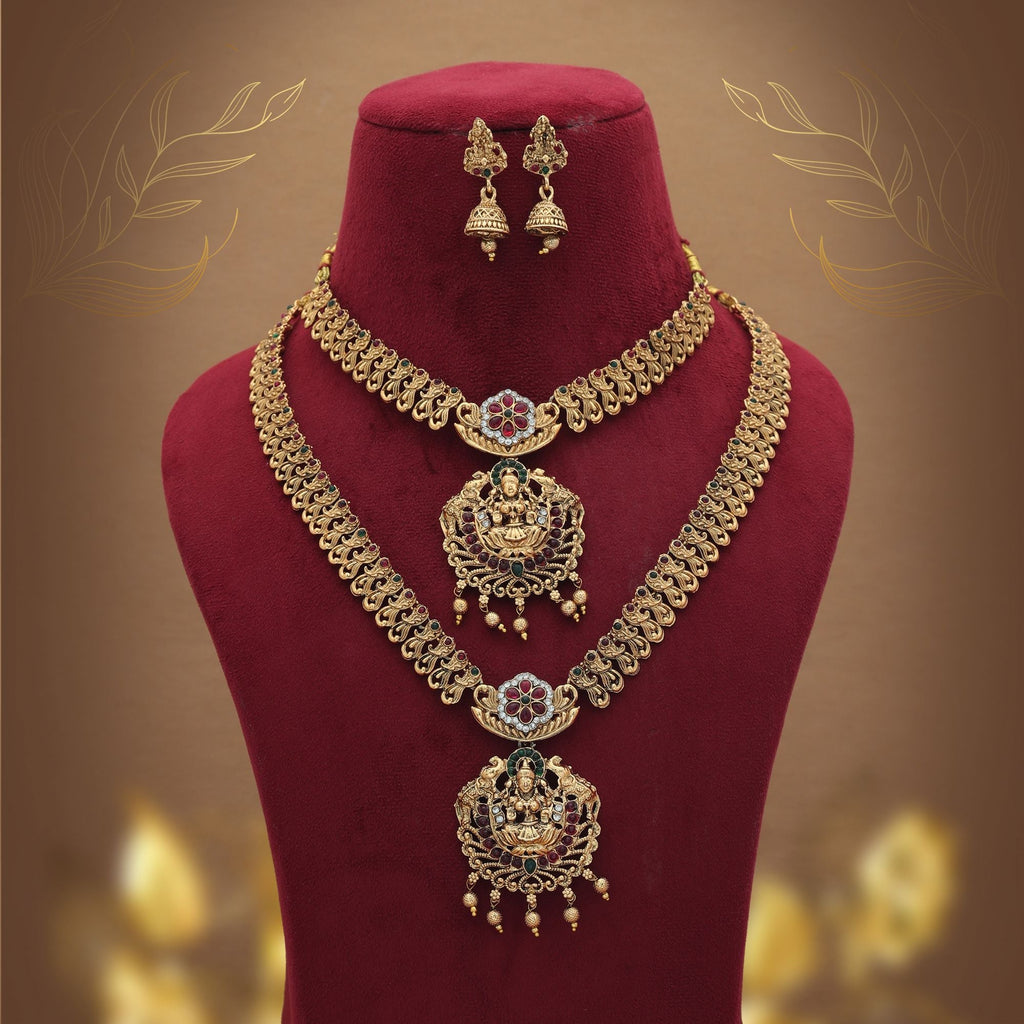 Premium Maroon & Green Long Temple Necklace Set