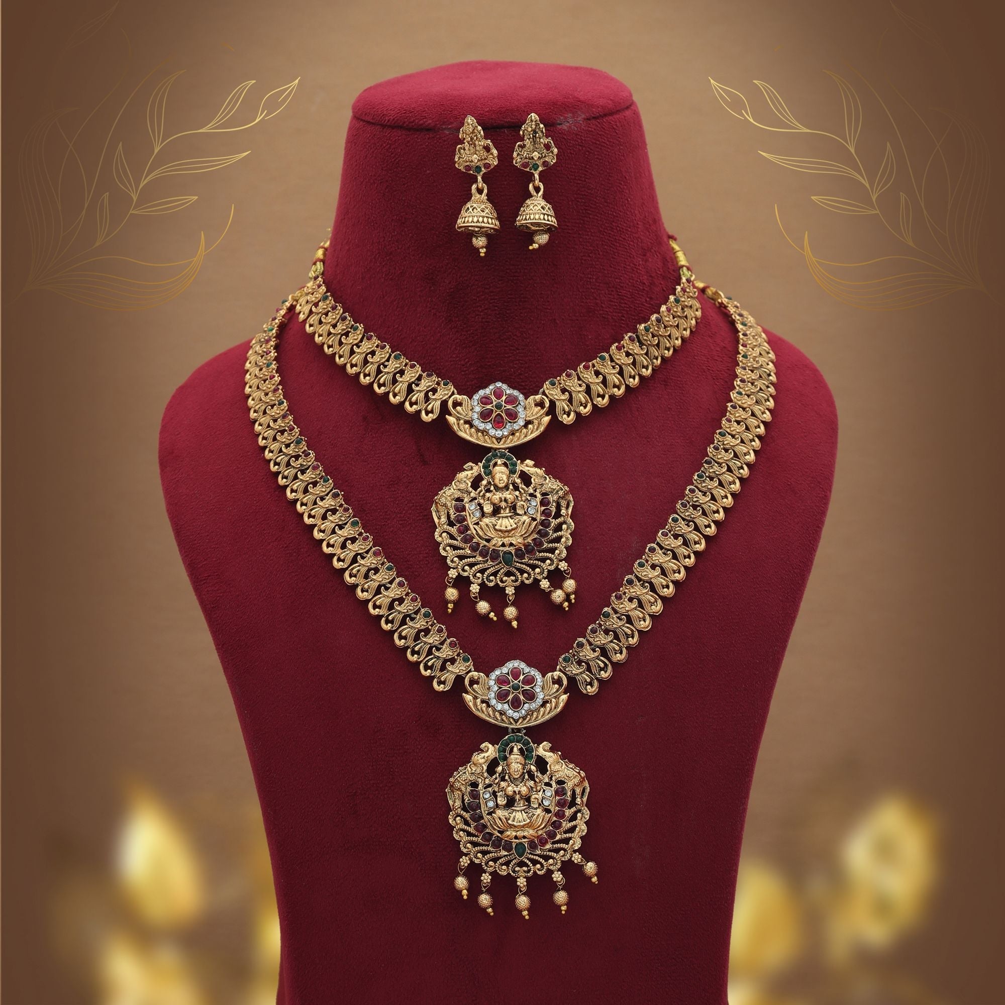 Premium Maroon & Green Long Temple Necklace Set