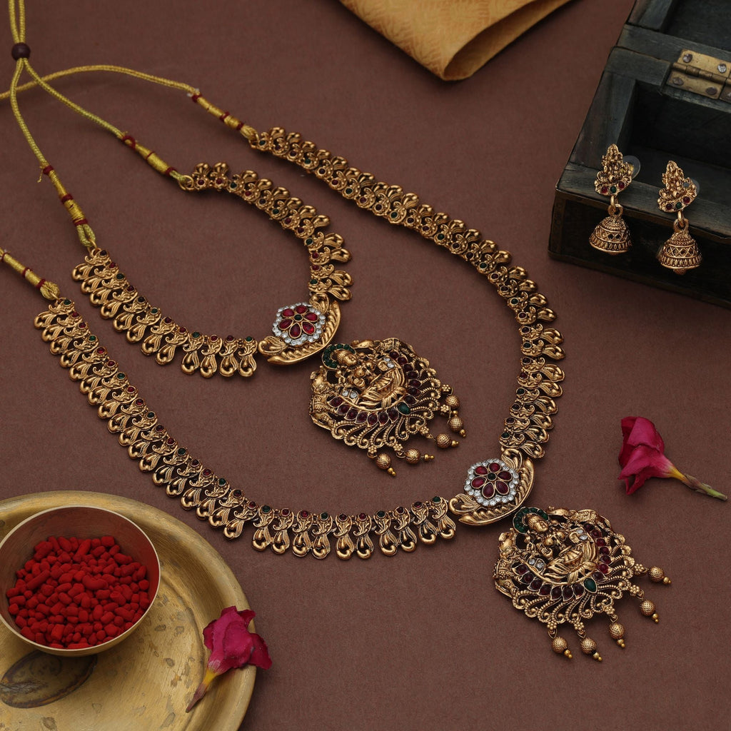 Premium Maroon & Green Long Temple Necklace Set
