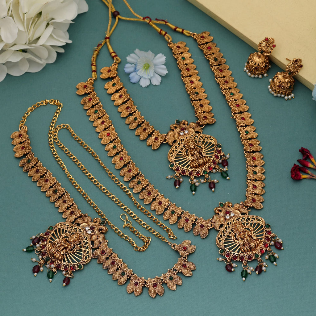 Traditional Maroon & Green Long Temple Necklace Set