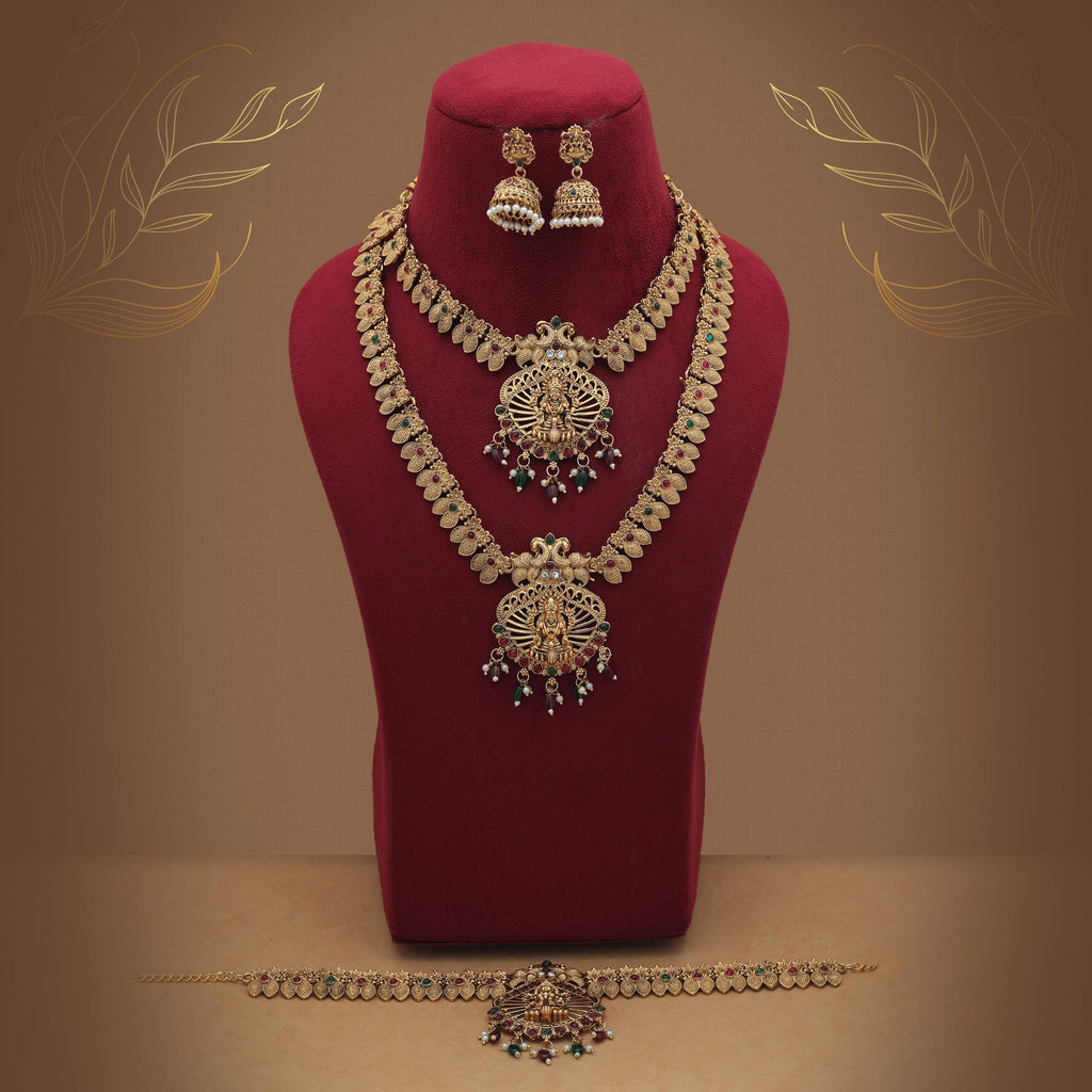 Traditional Maroon & Green Long Temple Necklace Set