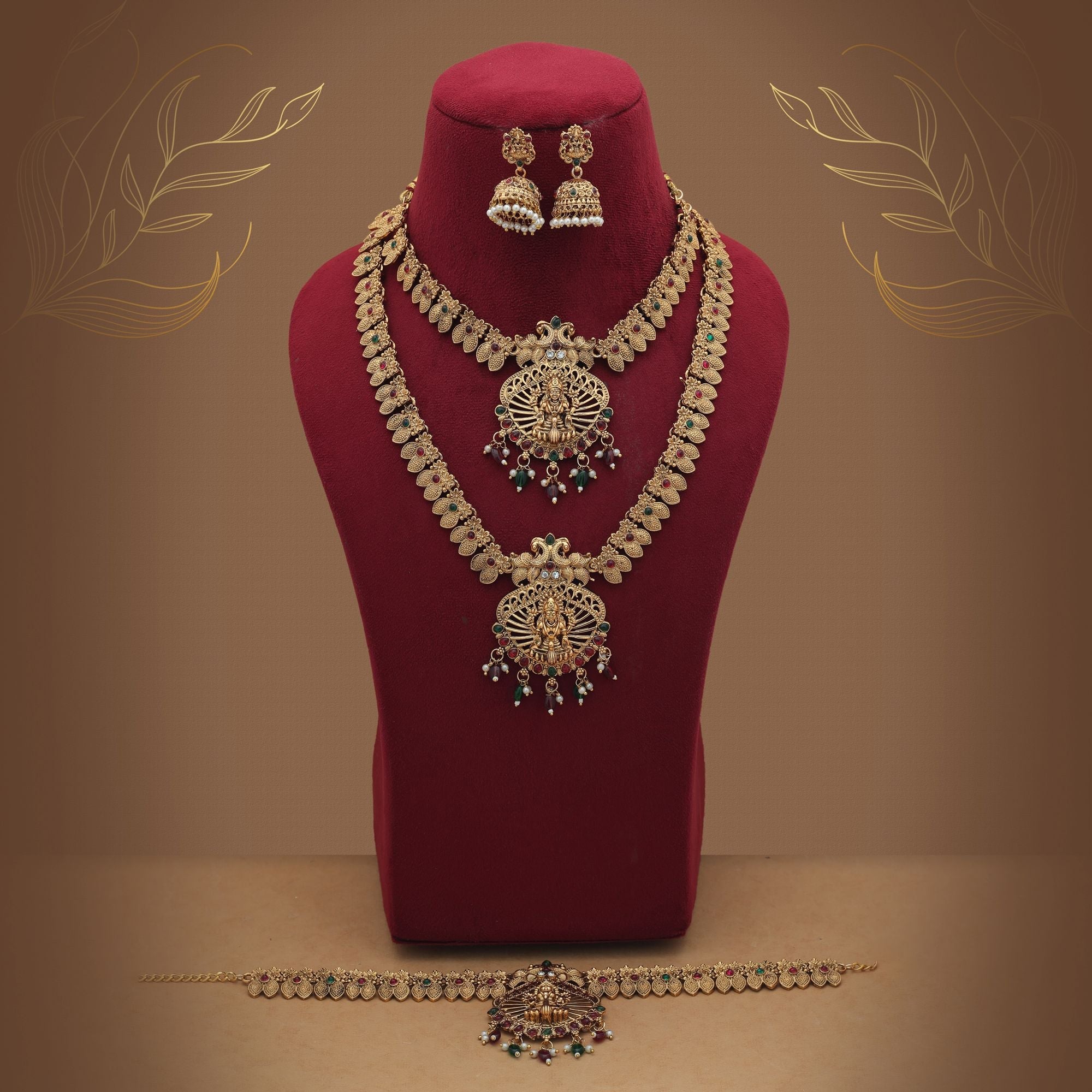 Traditional Maroon & Green Long Temple Necklace Set