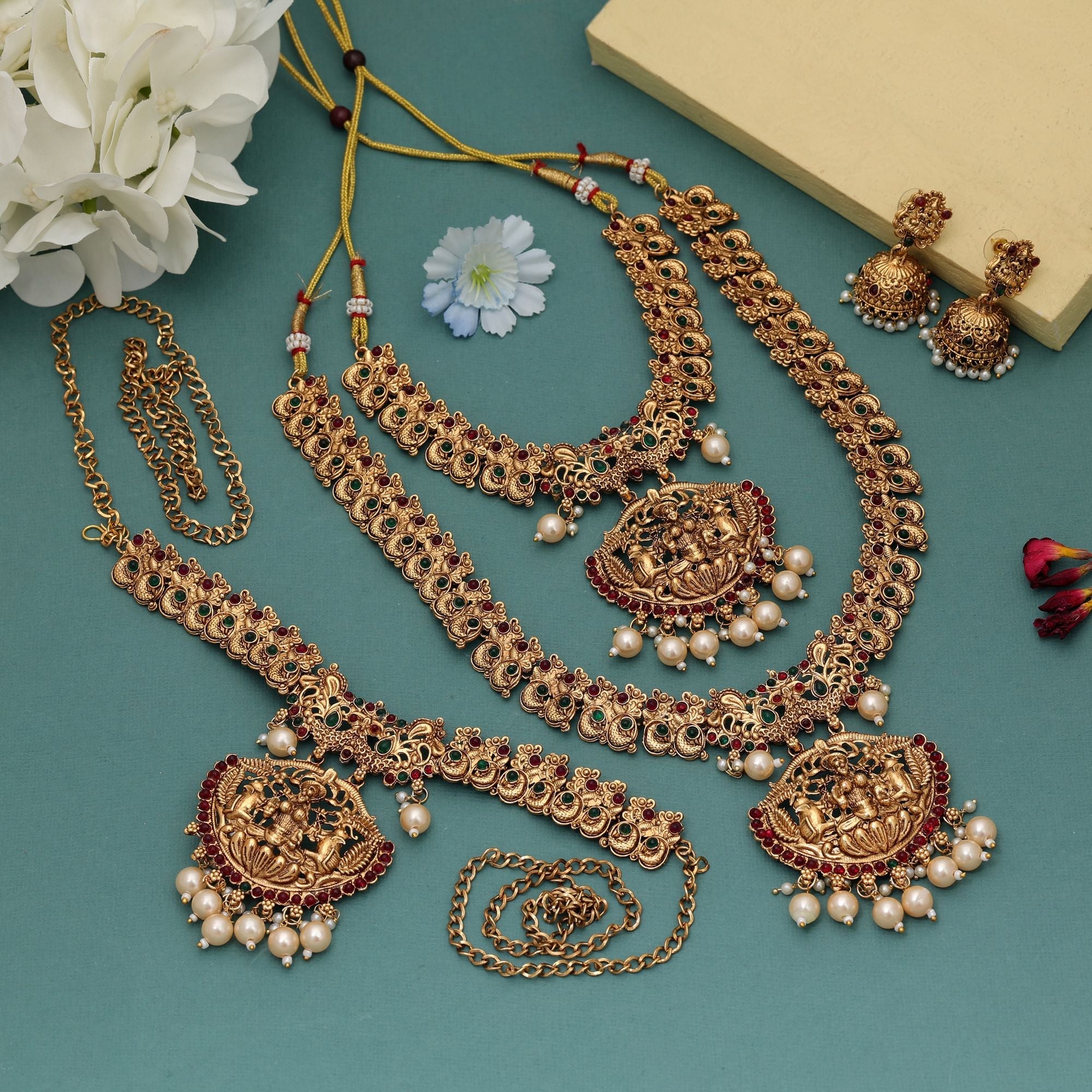 Stylish Maroon & Green Long Temple Necklace Set
