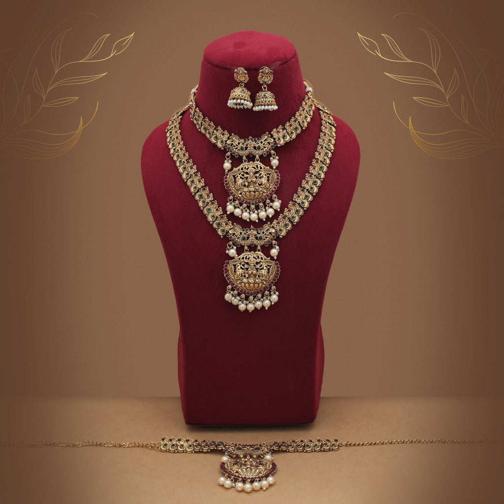 Stylish Maroon & Green Long Temple Necklace Set
