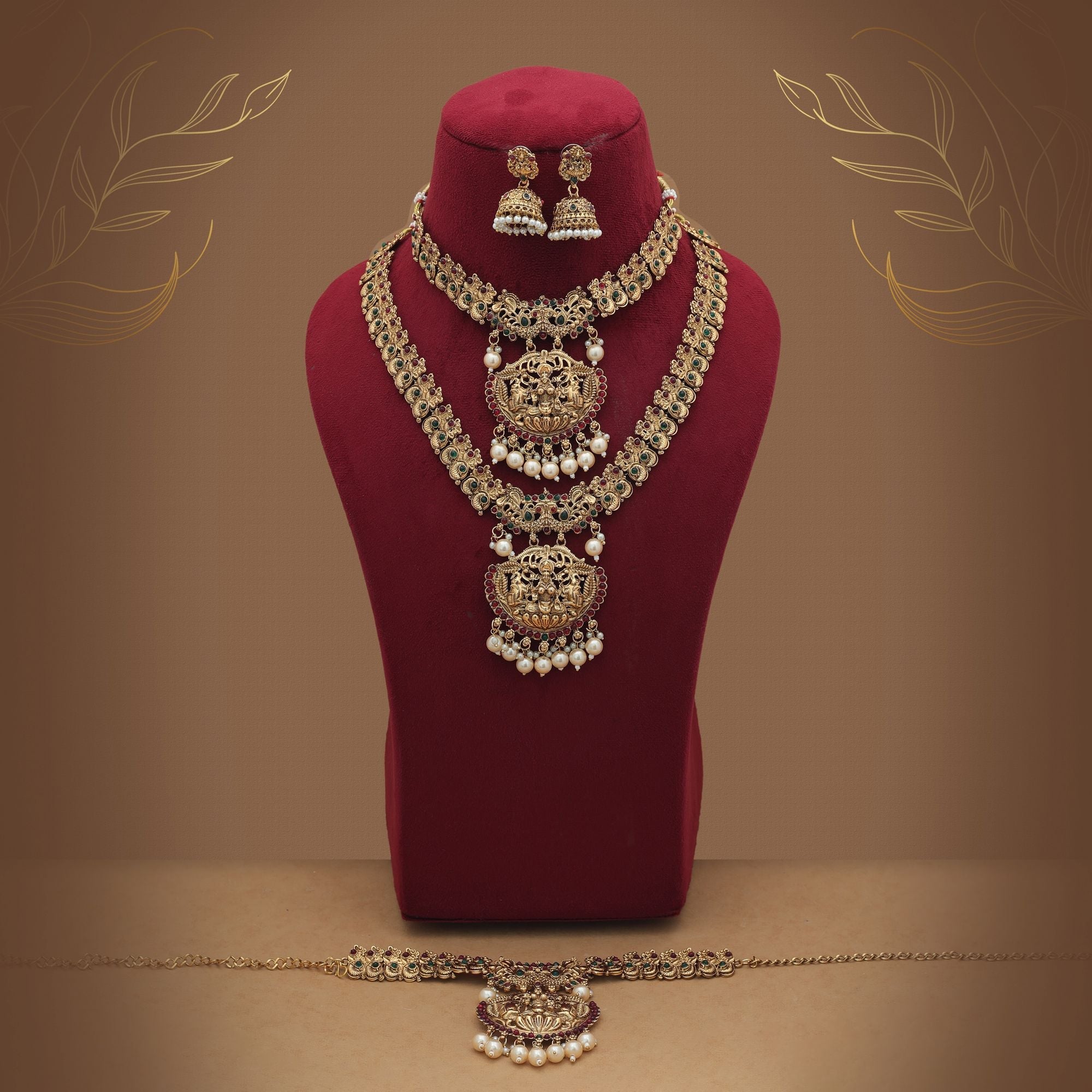 Stylish Maroon & Green Long Temple Necklace Set