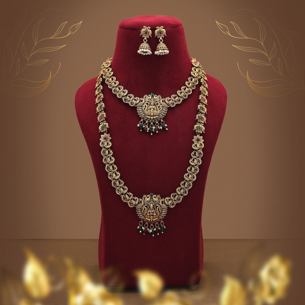 Antique Maroon & Green Long Temple Necklace Set
