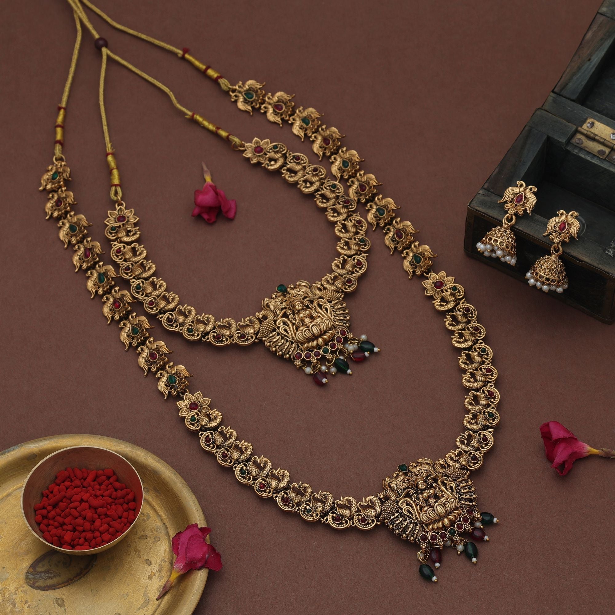 Antique Maroon & Green Long Temple Necklace Set