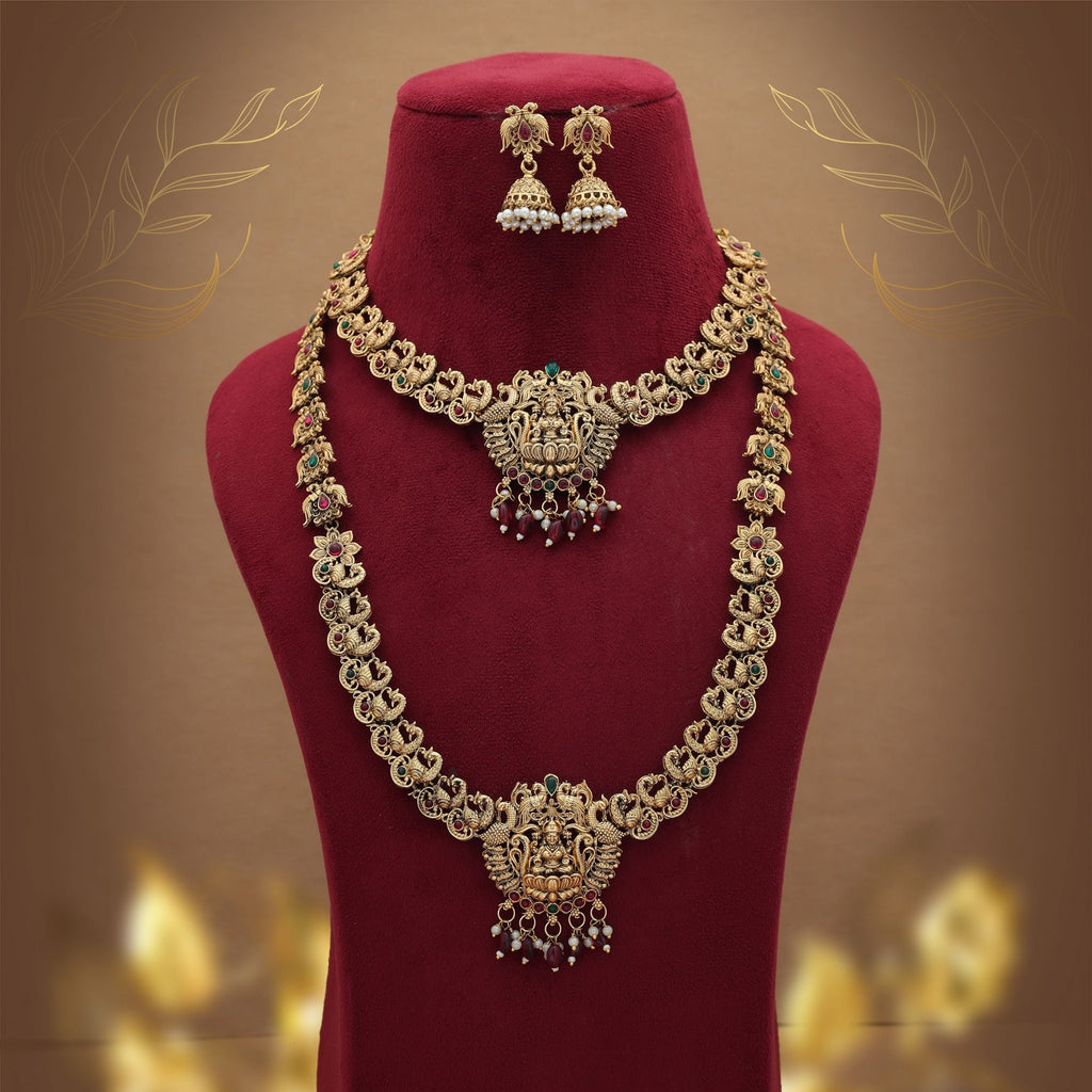 Maroon Lord Laxmi Long Temple Necklace Set