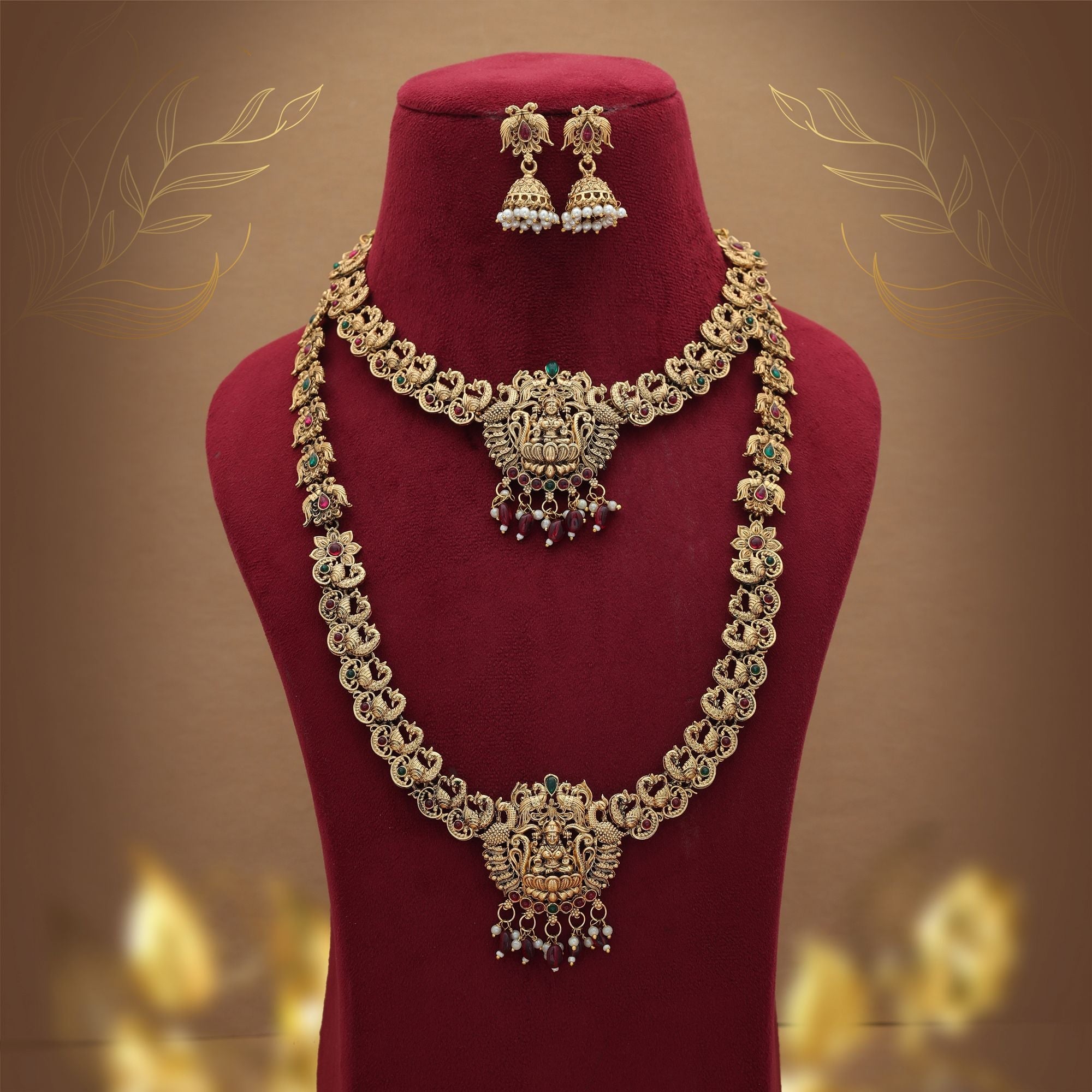 Maroon Lord Laxmi Long Temple Necklace Set