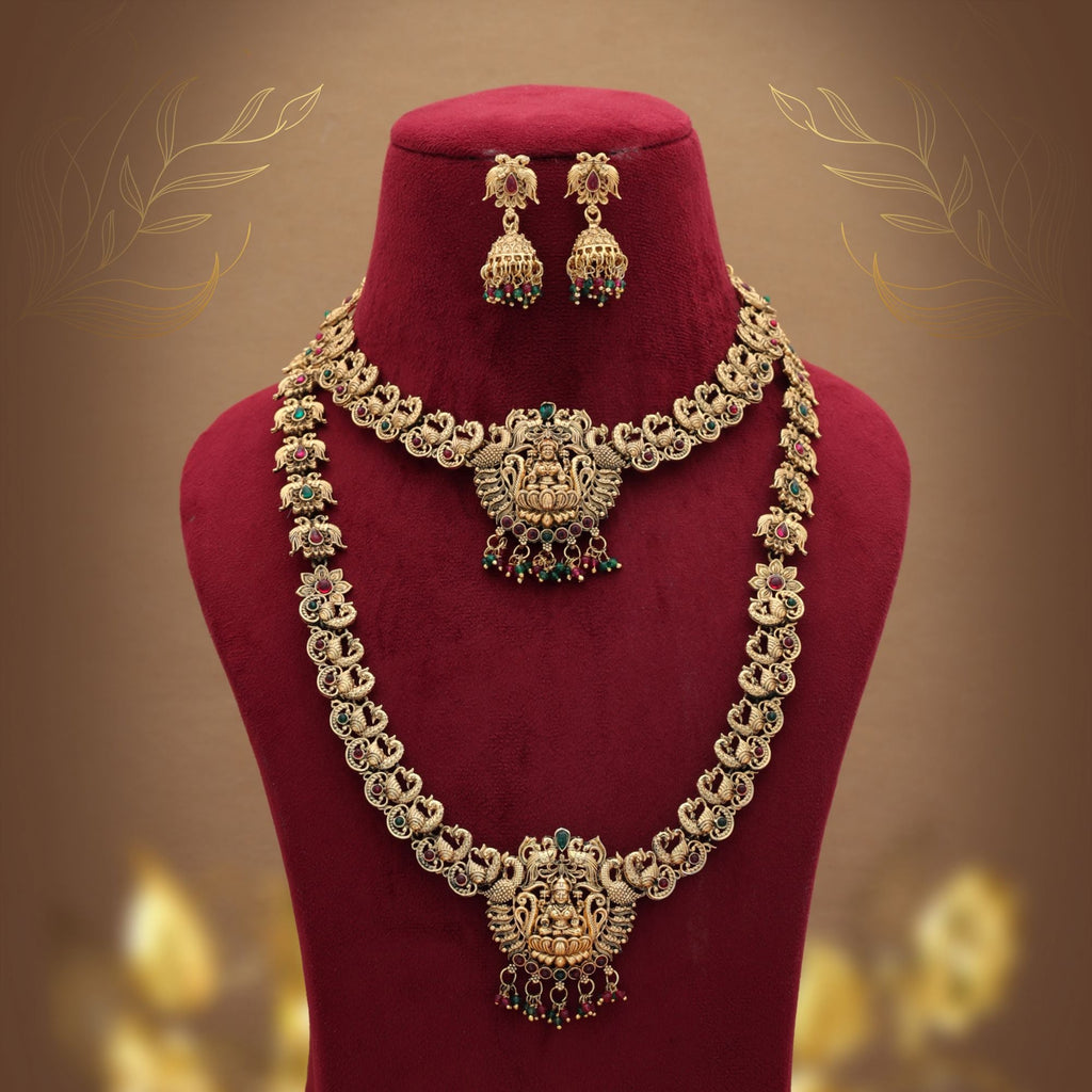 Graceful Maroon & Green Long Temple Necklace Set