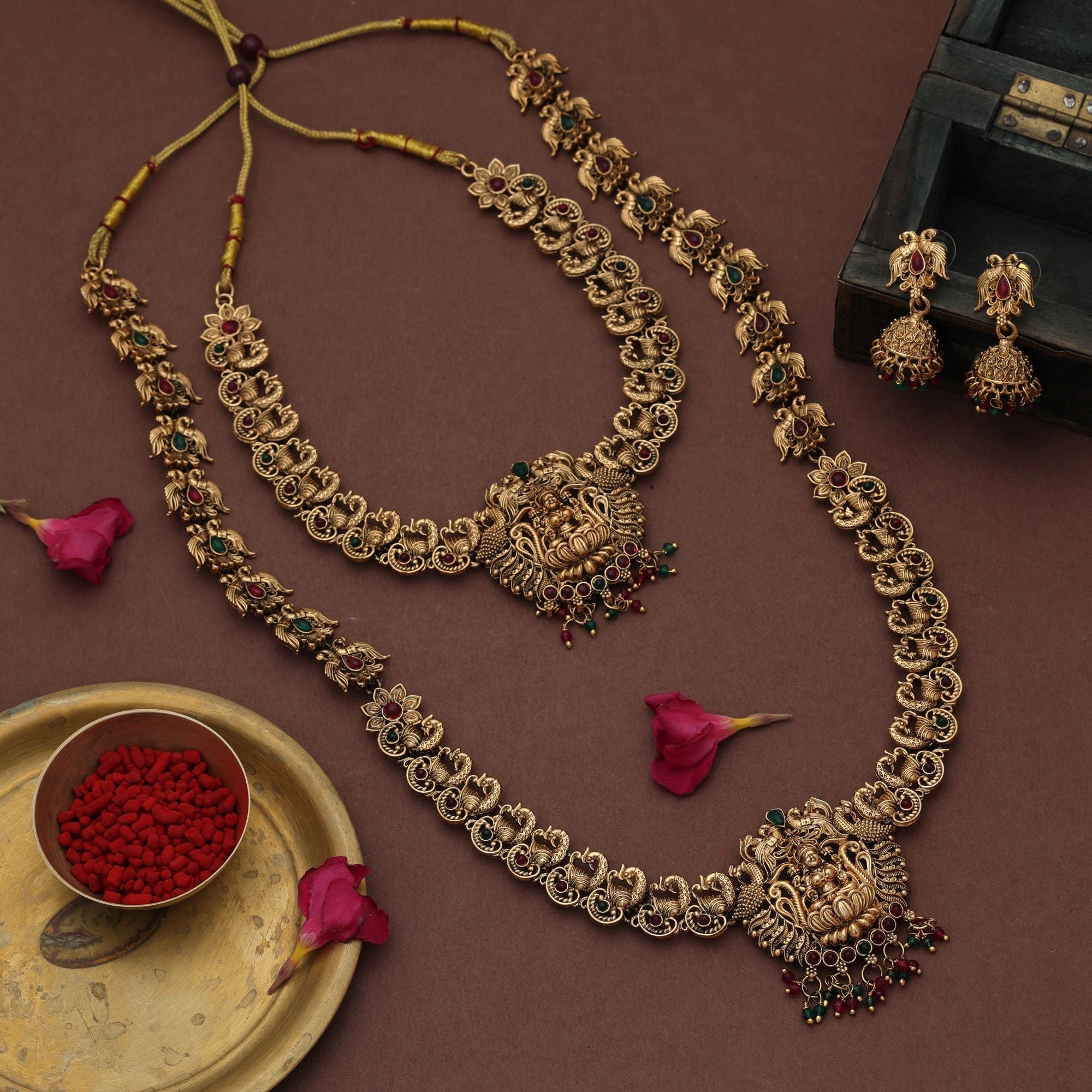 Graceful Maroon & Green Long Temple Necklace Set