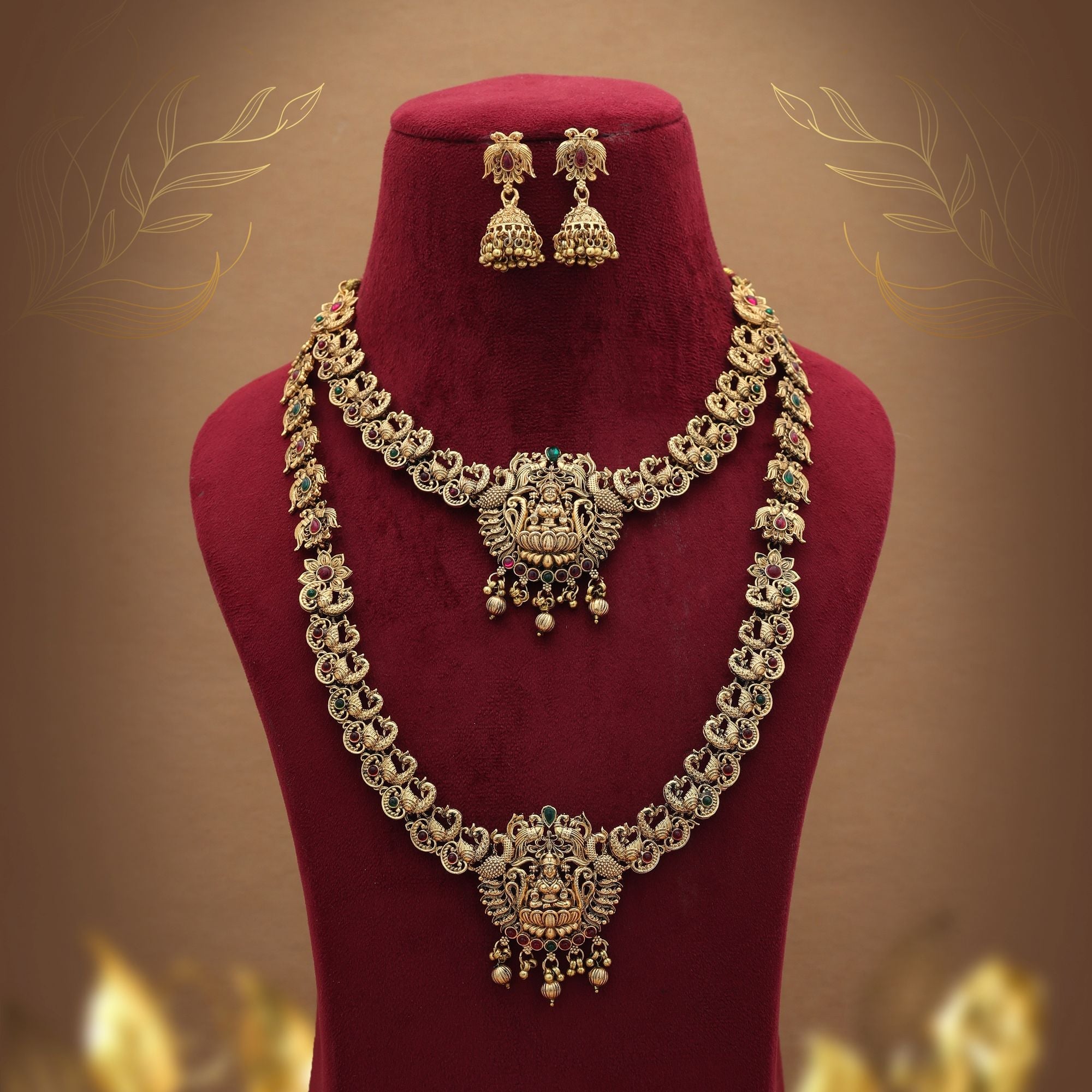 Designer Maroon & Green Long Temple Necklace Set