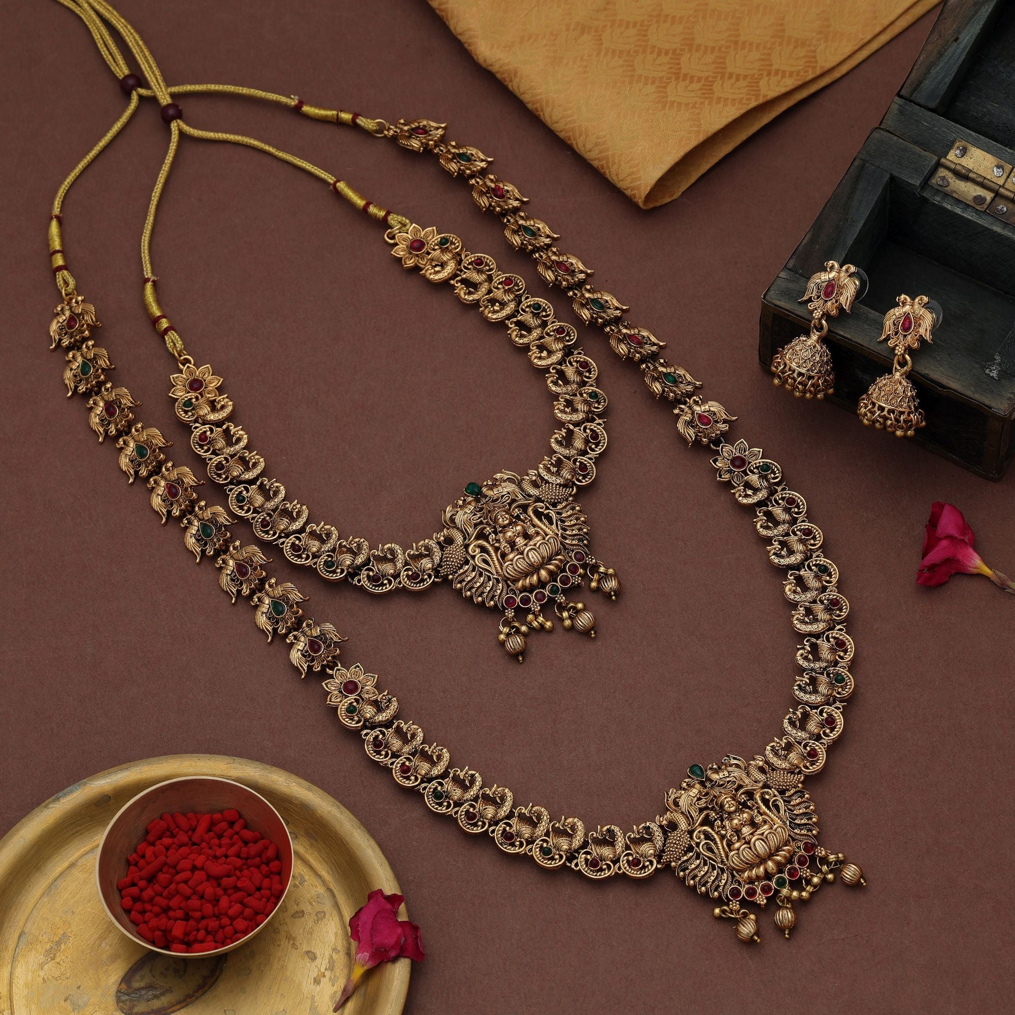 Designer Maroon & Green Long Temple Necklace Set