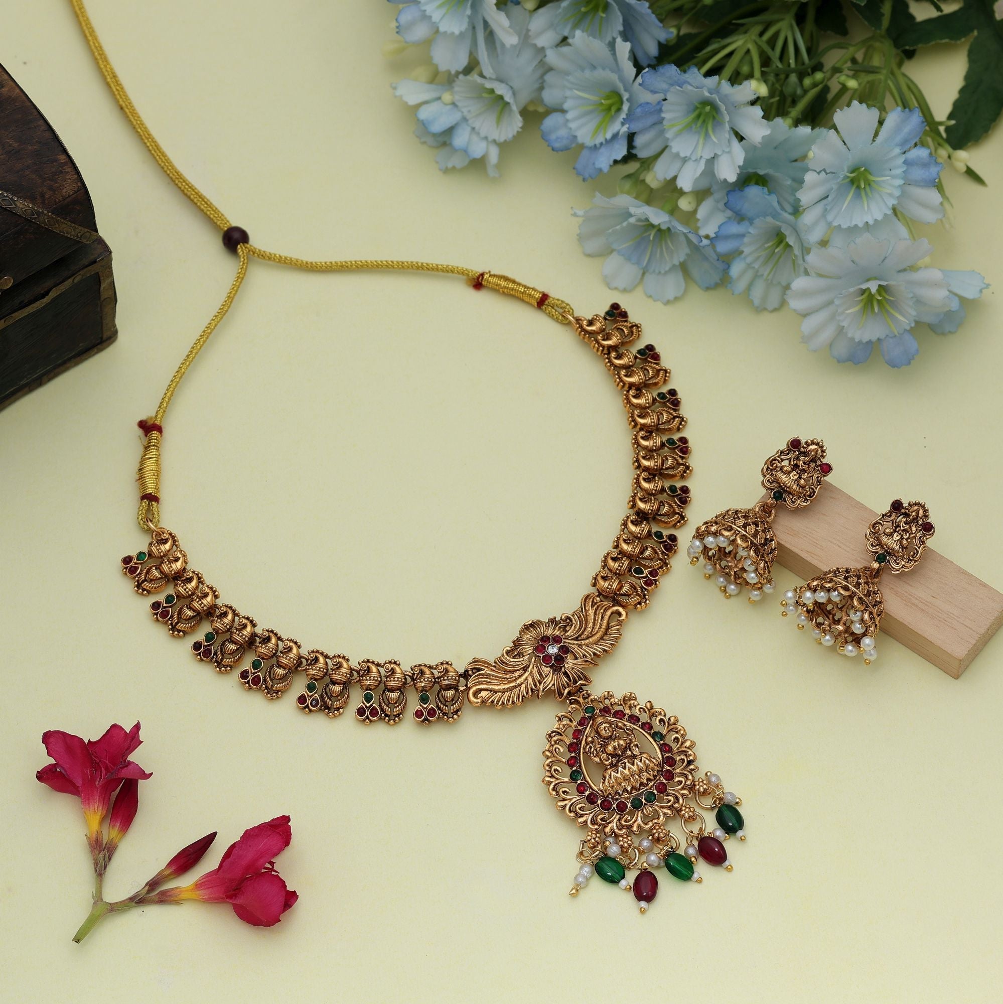 Maroon & Green Lord Laxmi Temple Necklace Set