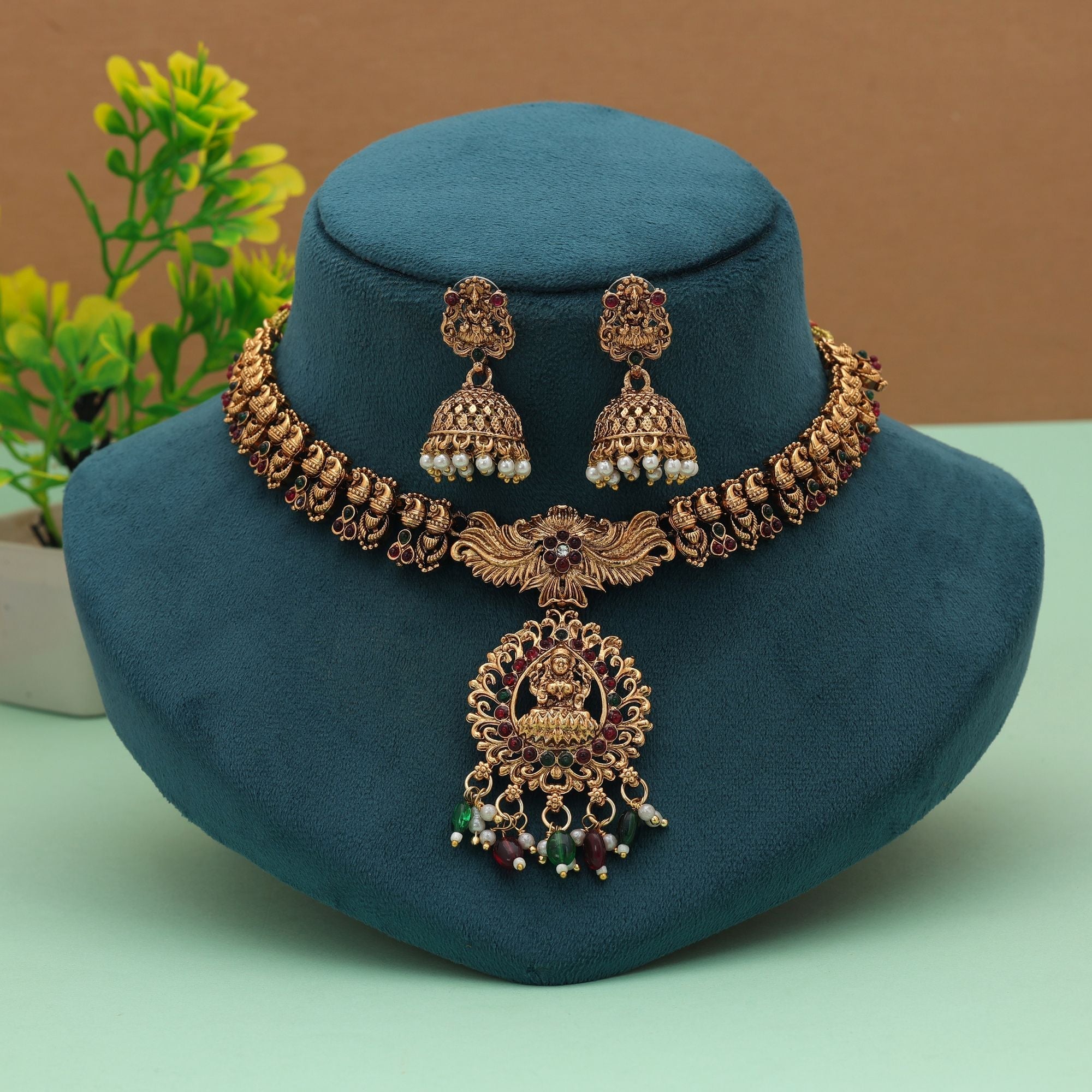 Maroon & Green Lord Laxmi Temple Necklace Set