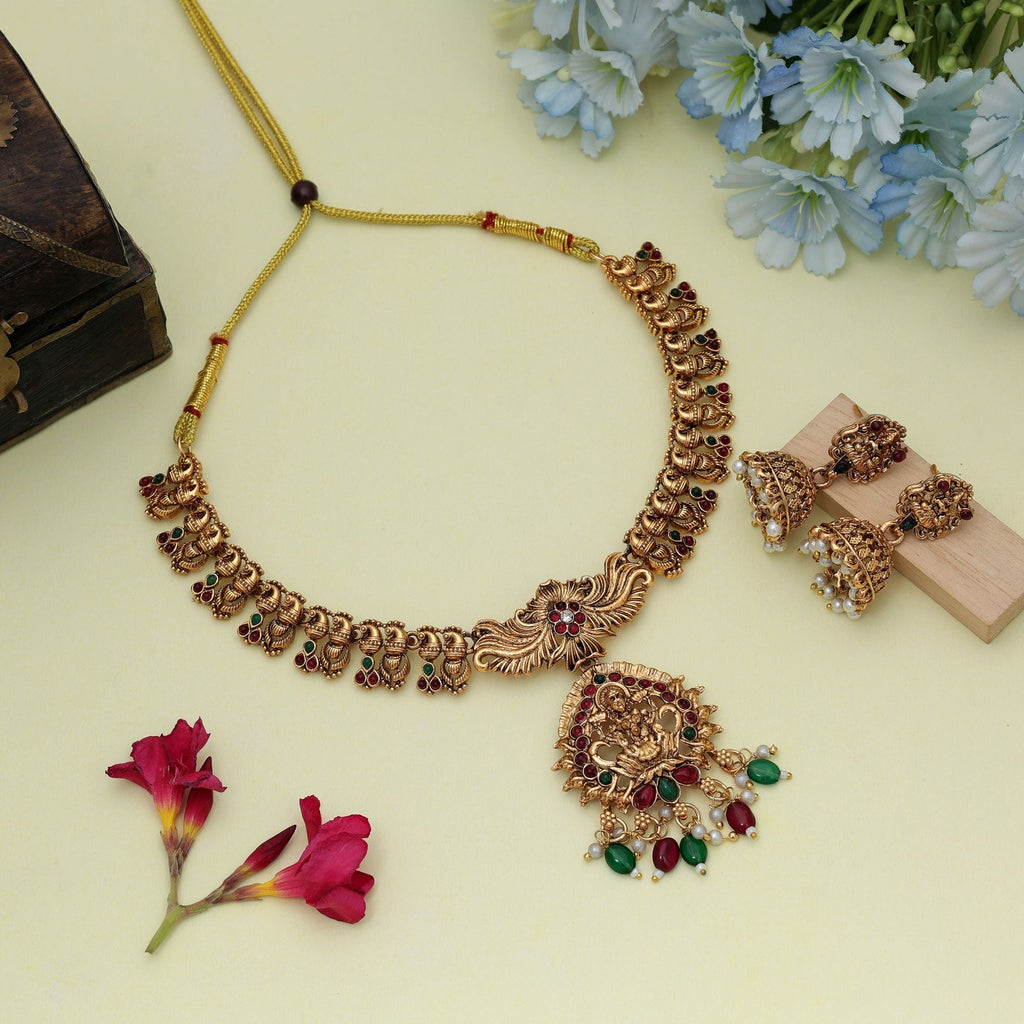 Traditional Maroon & Green Temple Necklace Set