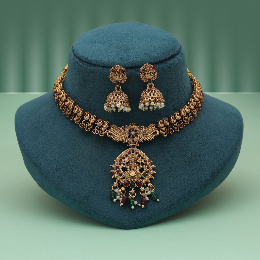 Traditional Maroon & Green Temple Necklace Set