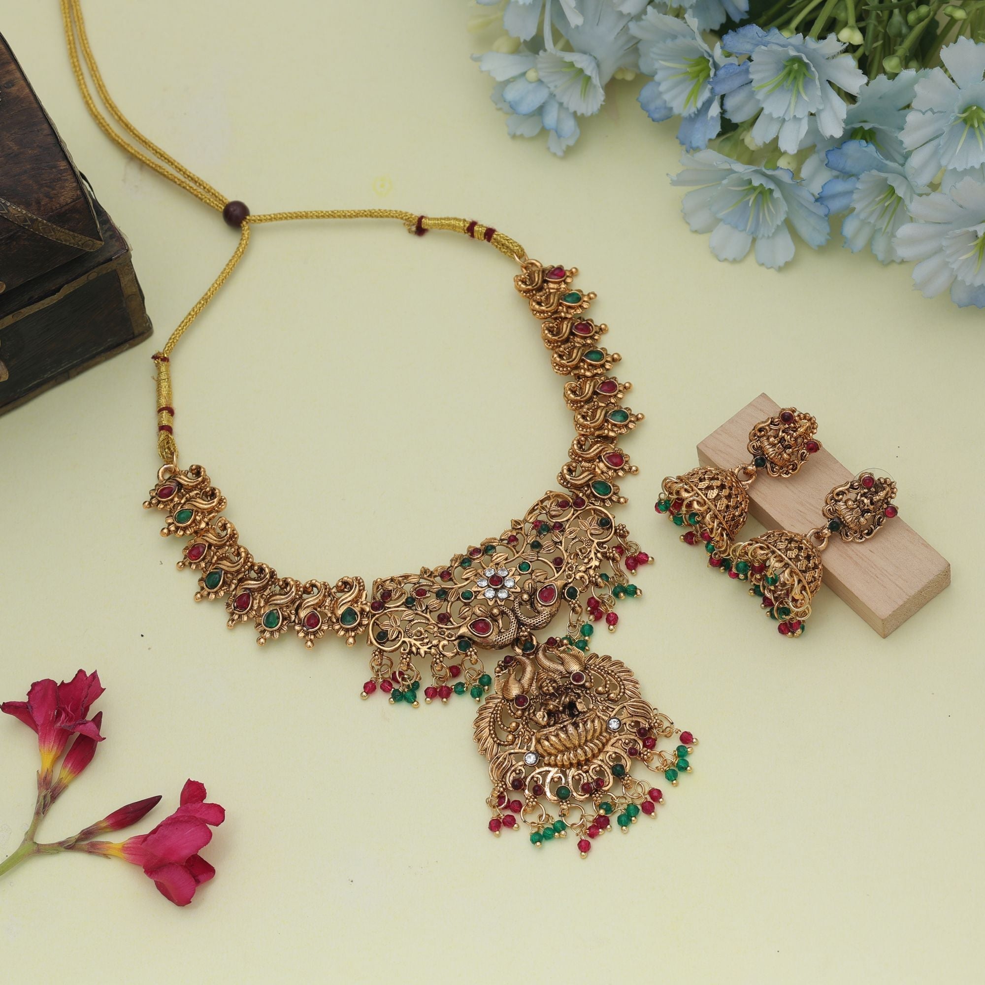 Rani & Green Lord Laxmi Temple Necklace Set