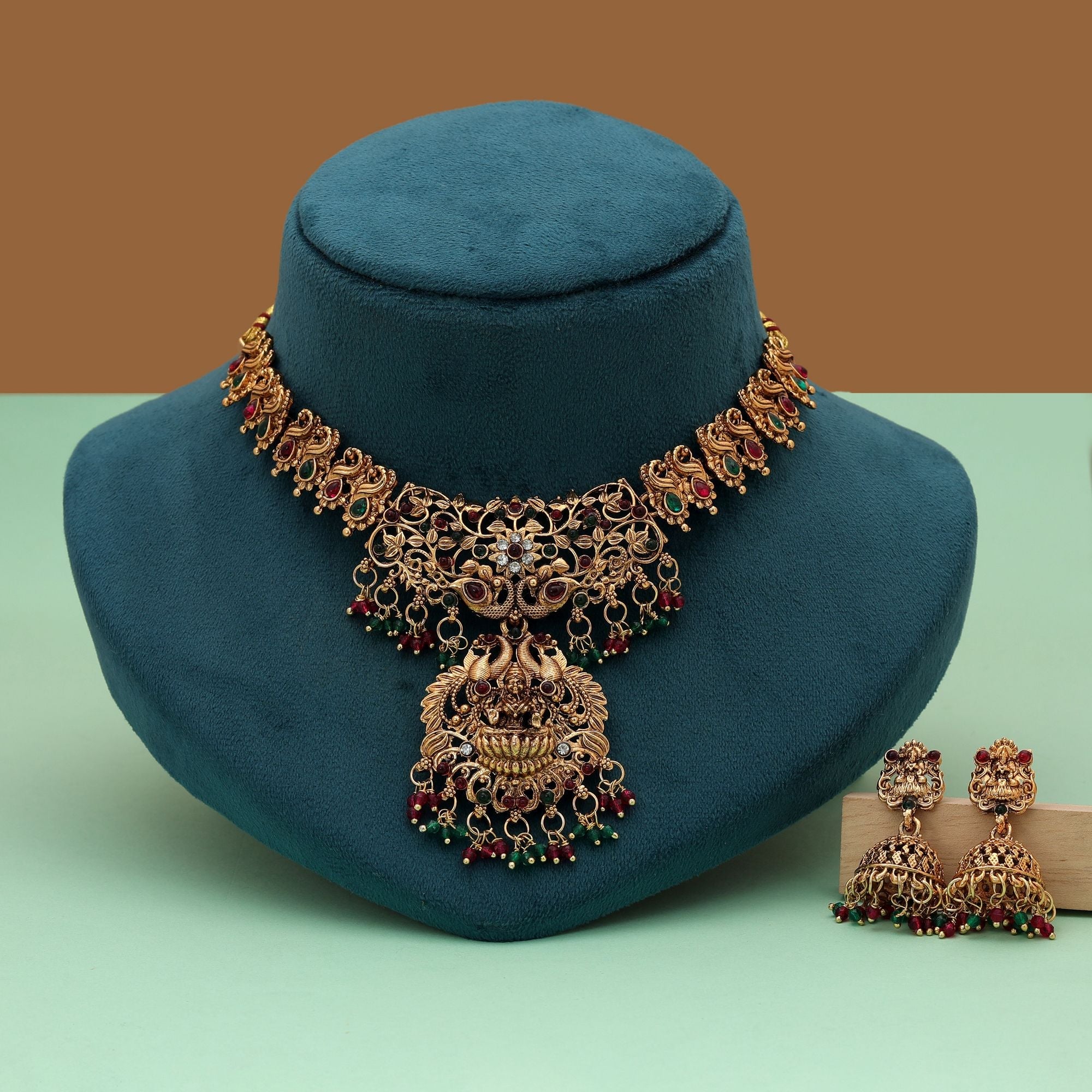 Rani & Green Lord Laxmi Temple Necklace Set