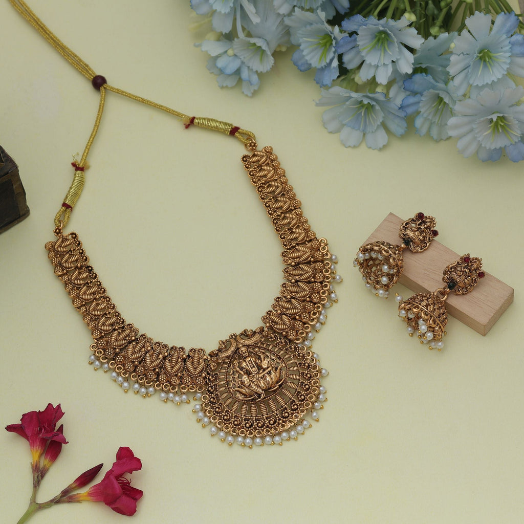 Gold Lord Laxmi Temple Necklace Set