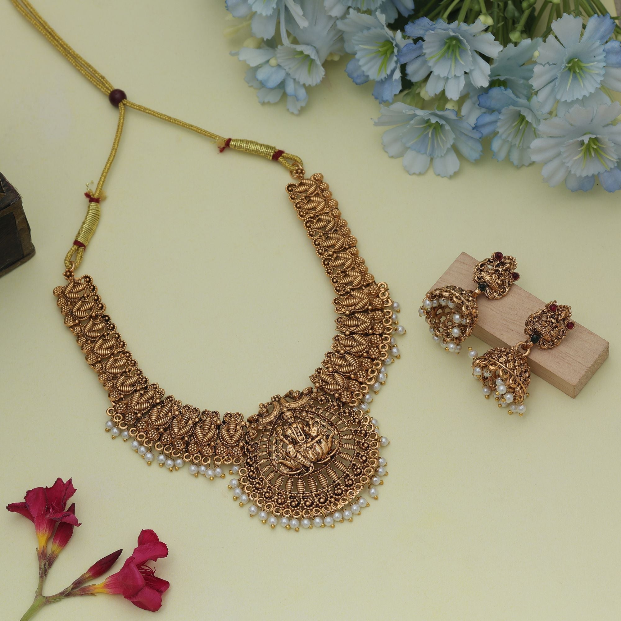 Gold Lord Laxmi Temple Necklace Set