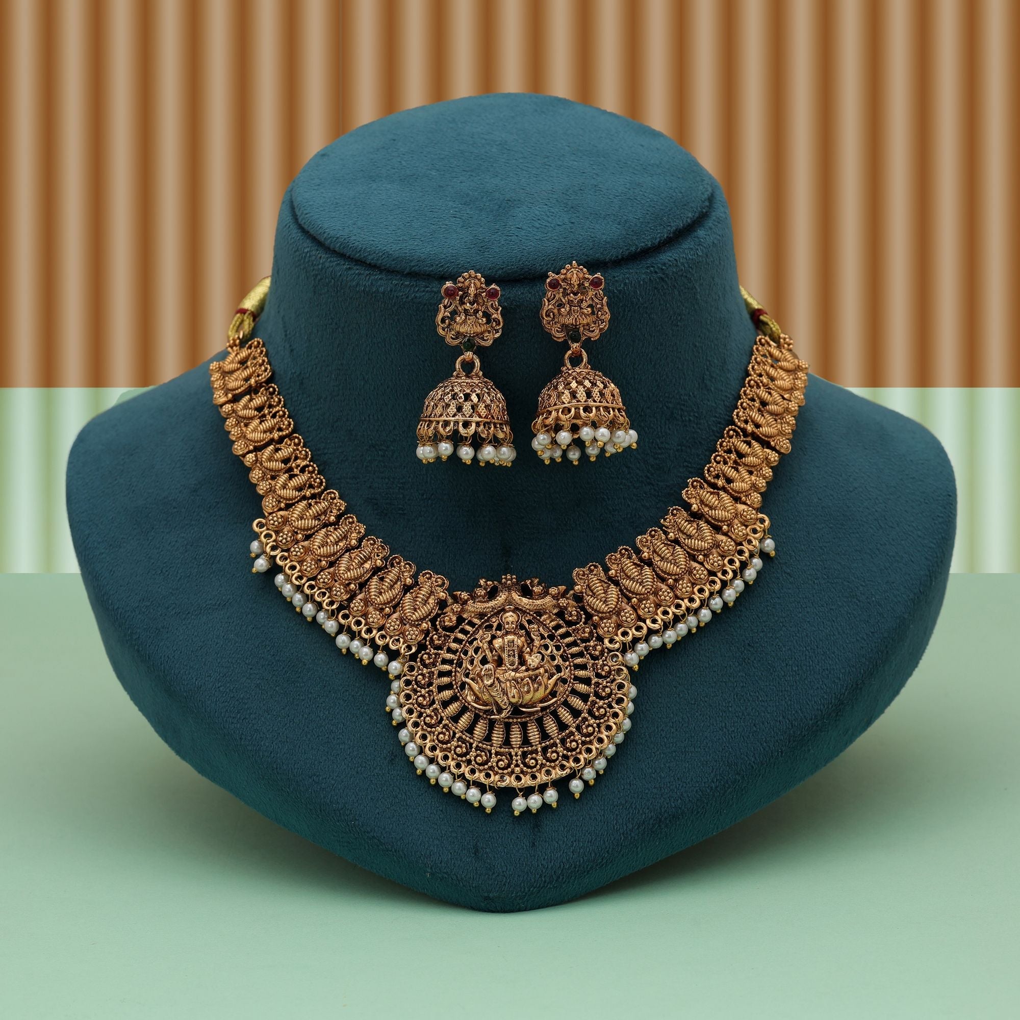 Gold Lord Laxmi Temple Necklace Set