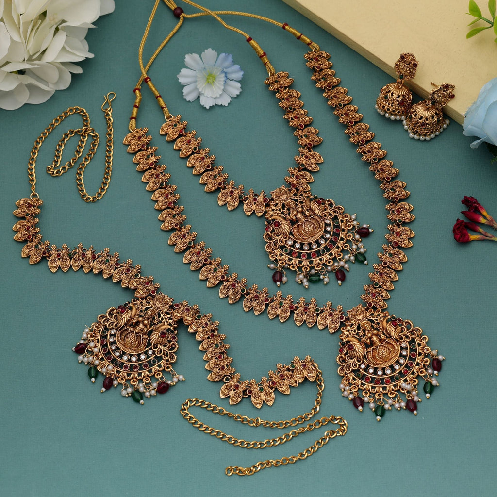 Stylish Maroon & Green Long Temple Necklace Set