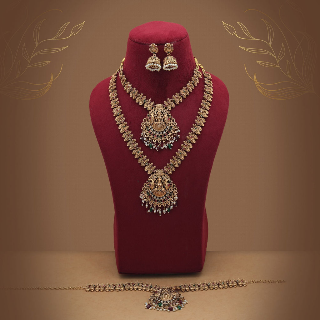 Stylish Maroon & Green Long Temple Necklace Set