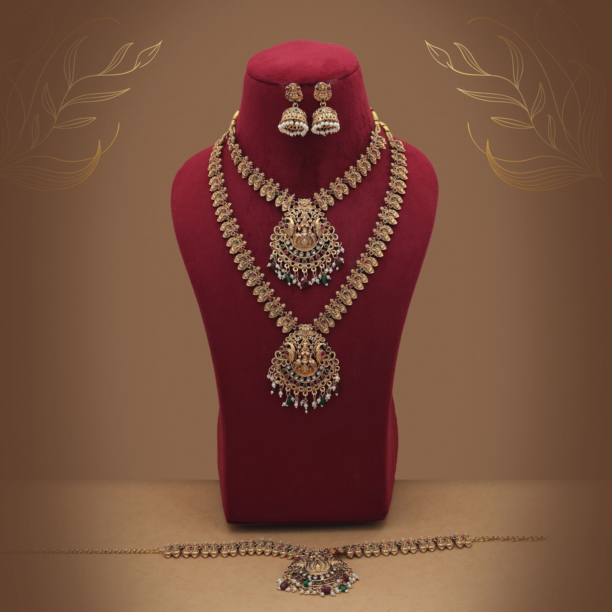 Stylish Maroon & Green Long Temple Necklace Set