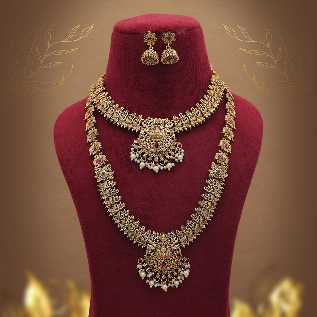 Royal Maroon & Green Long Temple Necklace Set
