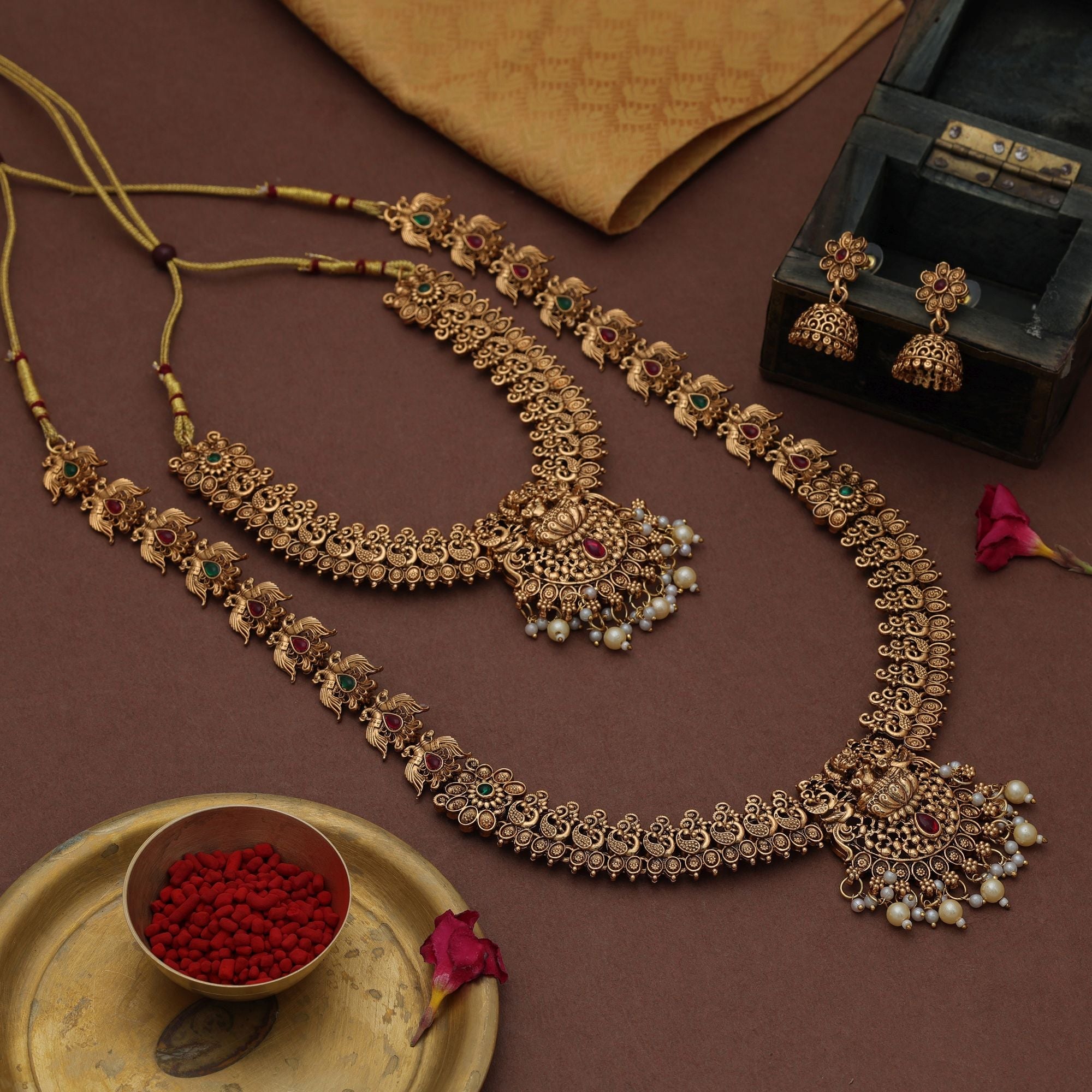 Royal Maroon & Green Long Temple Necklace Set