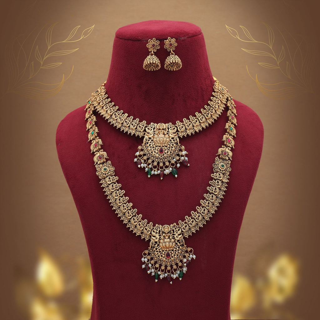 Graceful Maroon & Green Long Temple Necklace Set