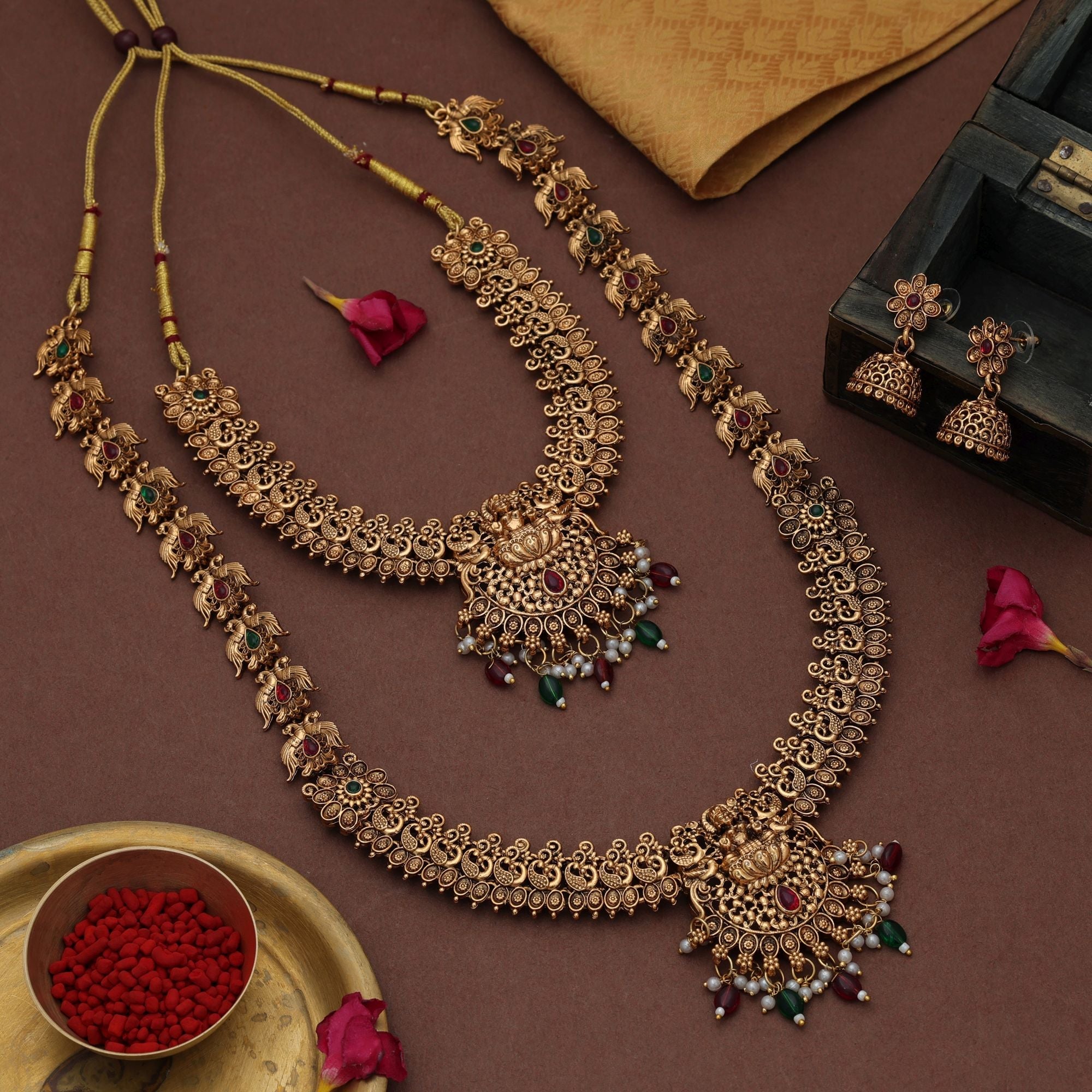 Graceful Maroon & Green Long Temple Necklace Set