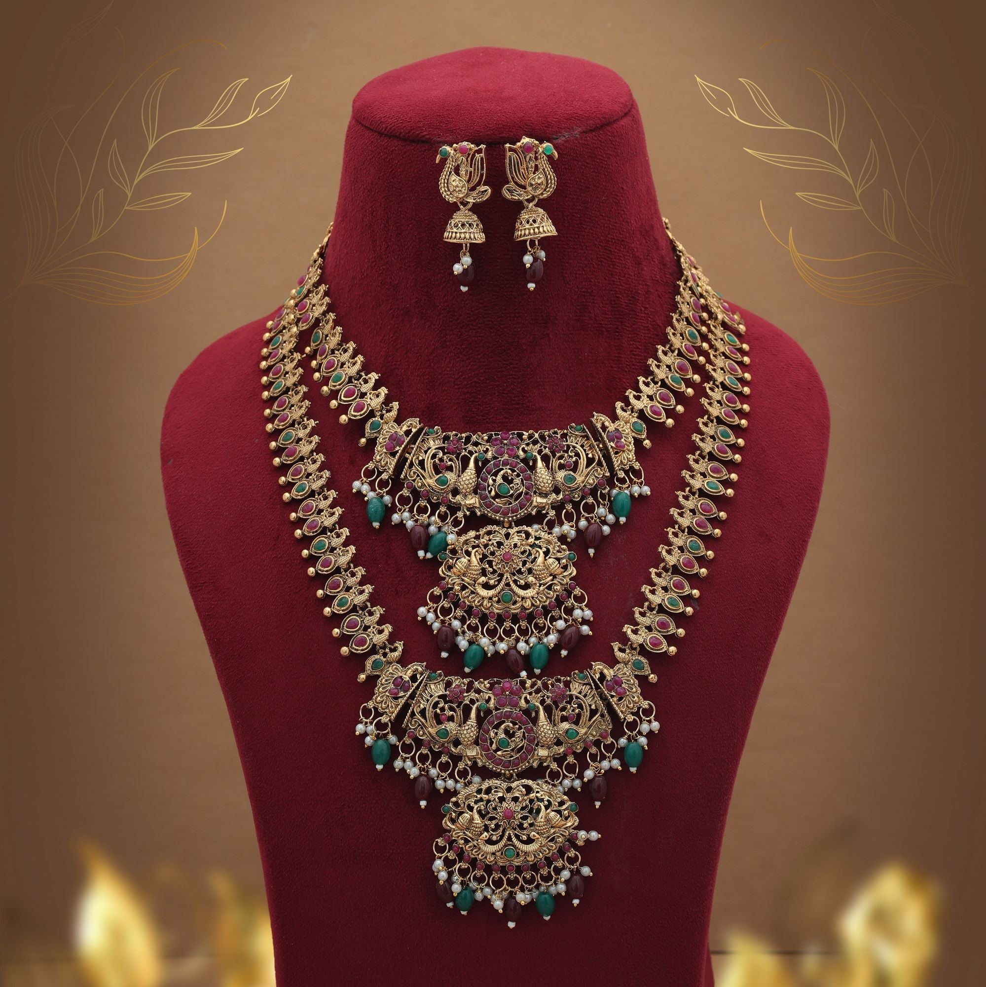 Antique Maroon & Green Long Temple Necklace Set