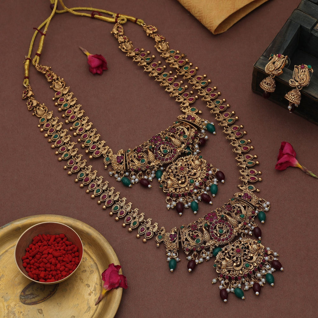 Antique Maroon & Green Long Temple Necklace Set