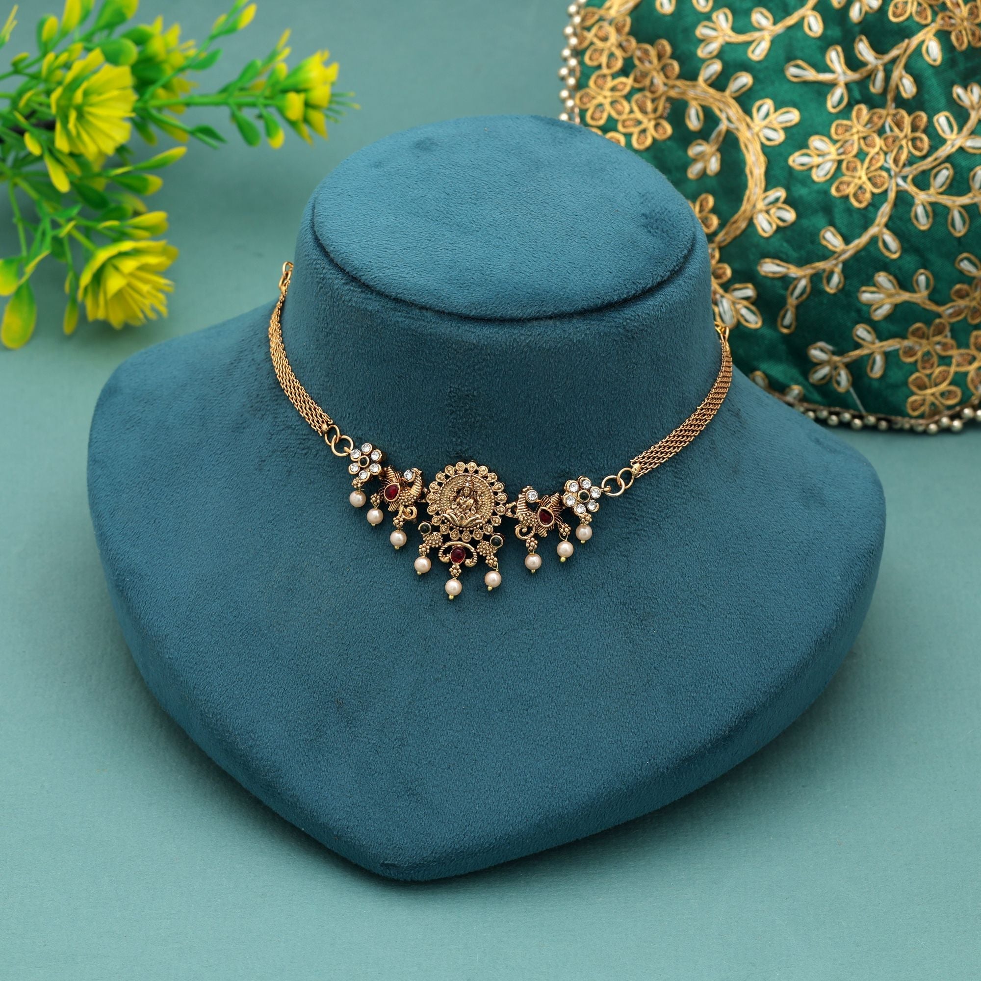 Rani & Green Color Choker Temple Necklace Antique Bridal Design