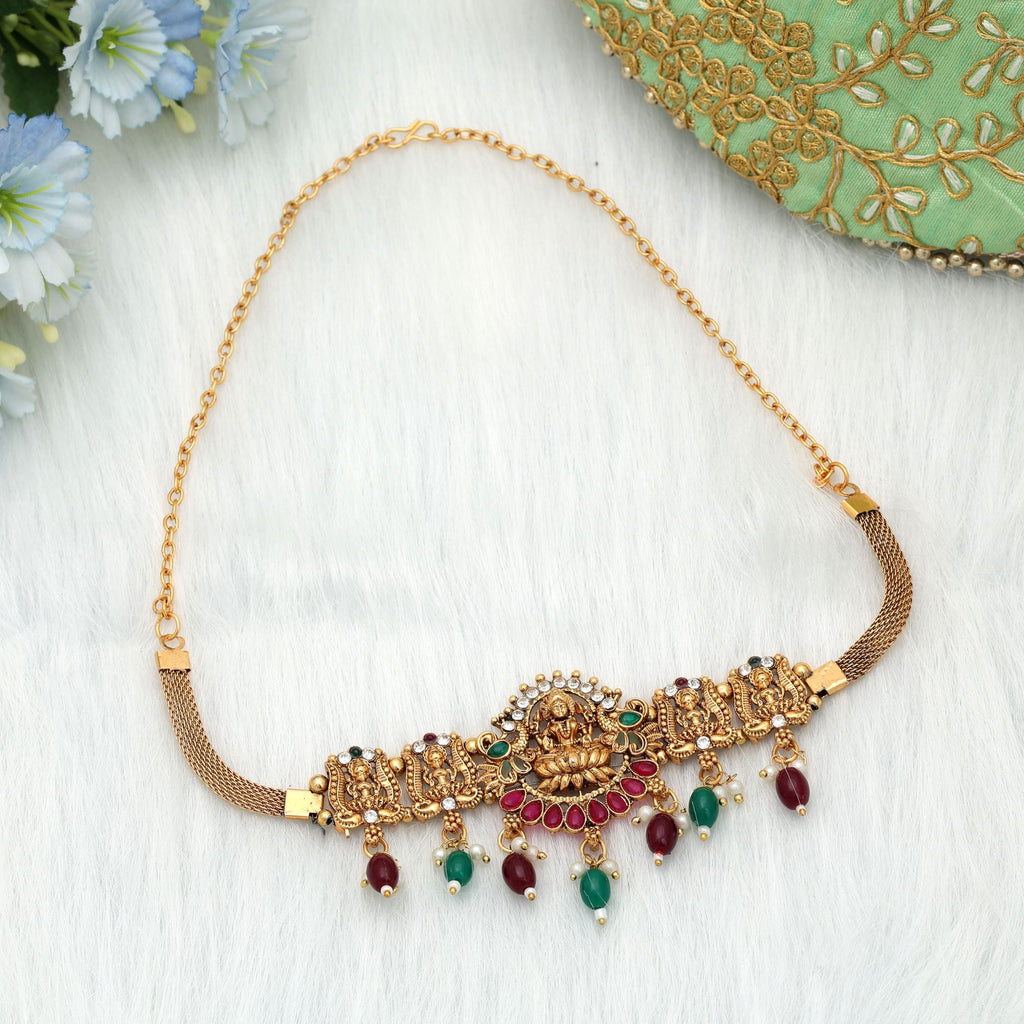 Maroon & Green Color Choker Temple Necklace Traditional Party Wear