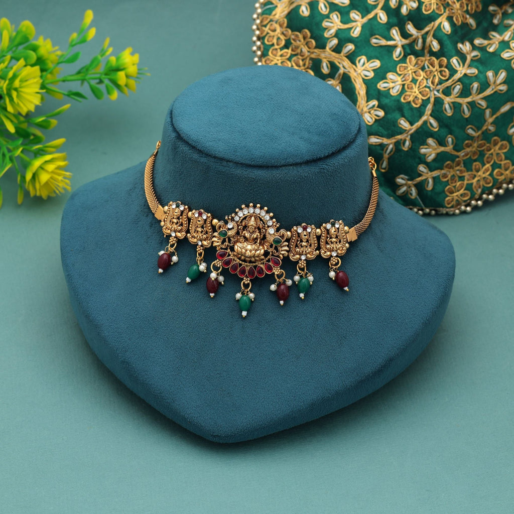 Maroon & Green Color Choker Temple Necklace Traditional Party Wear
